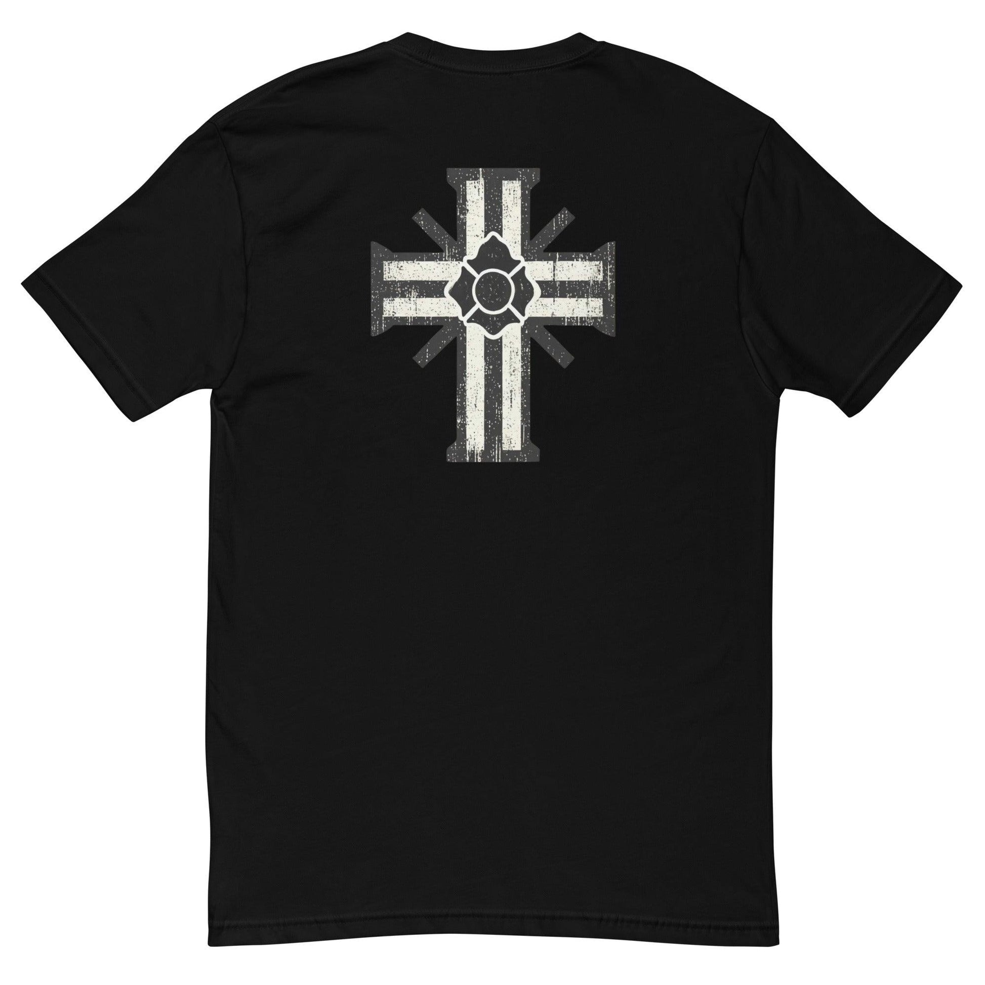 Black t-shirt featuring a bold graphic design of a cross on the back, ideal for firefighter apparel and gear enthusiasts.