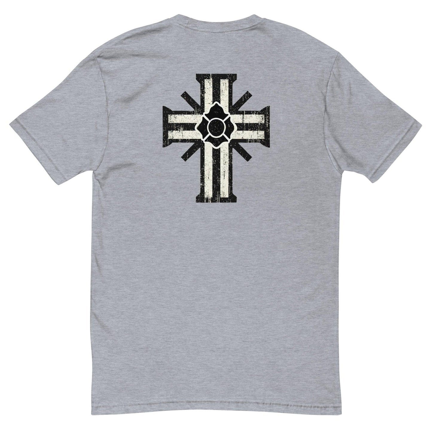 Grey short sleeve t-shirt featuring a distinctive black cross design on the back, ideal for firefighter apparel and gifts.