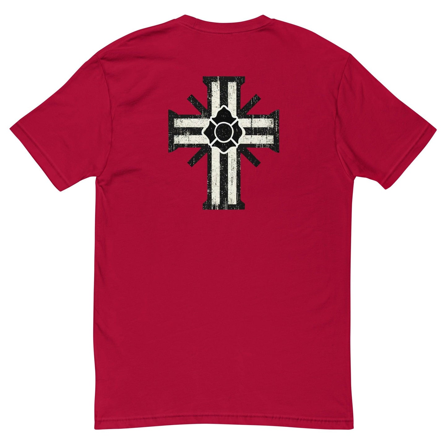 Red short sleeve t-shirt featuring a unique black and white cross design on the back, perfect for stylish casual wear.