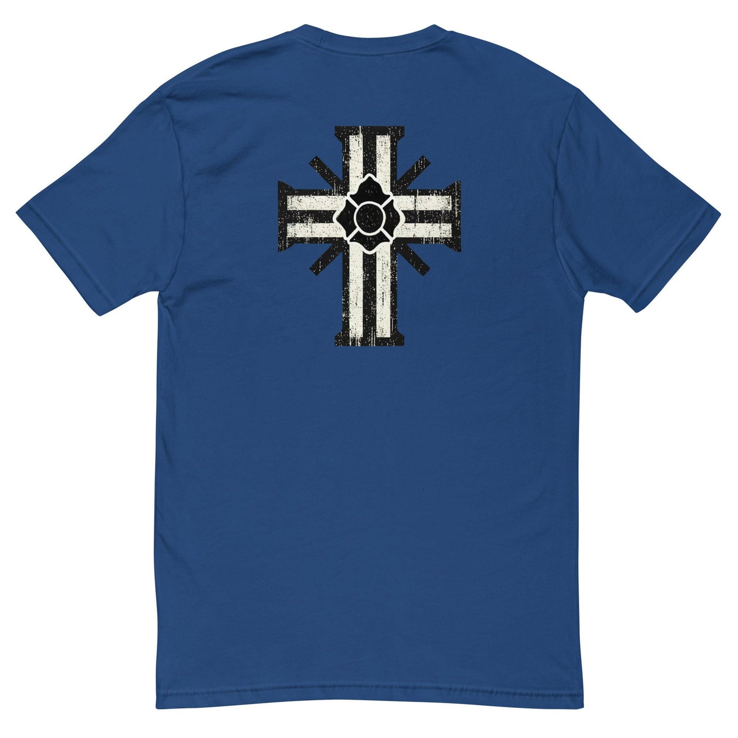 Back view of a blue short sleeve t-shirt featuring a bold black and white cross design, perfect for firefighter apparel.