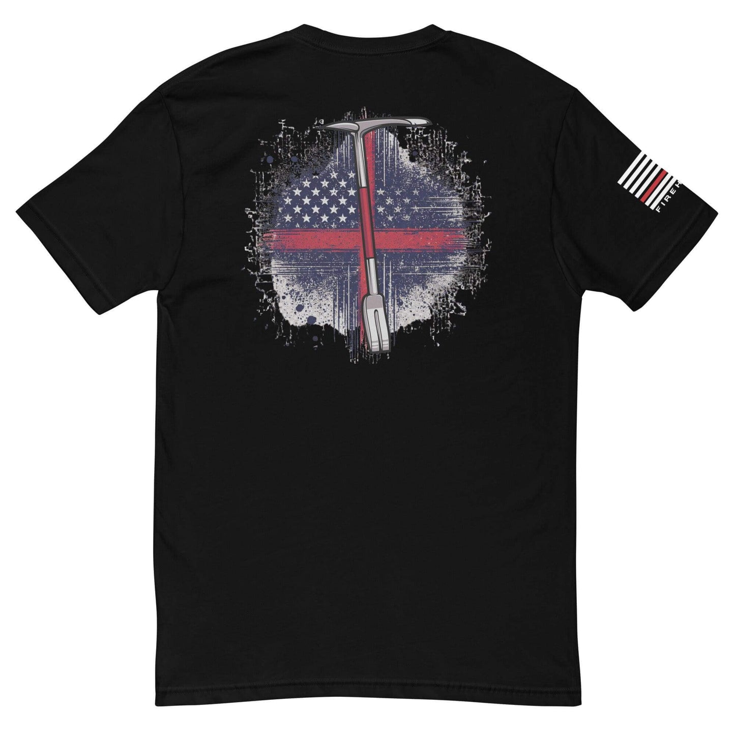 Black short sleeve t-shirt featuring a distressed hammer and American flag design, ideal for firefighter gear and gifts.