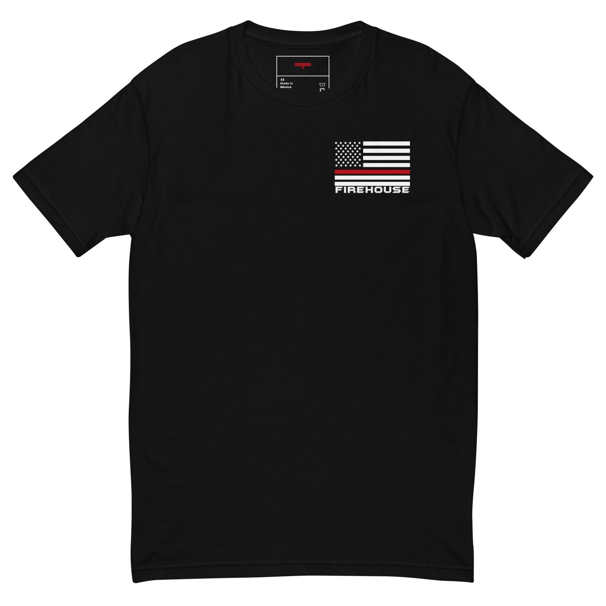 Black short sleeve t-shirt with American flag design and "FIREHOUSE" text, perfect for firefighter apparel and gifts.