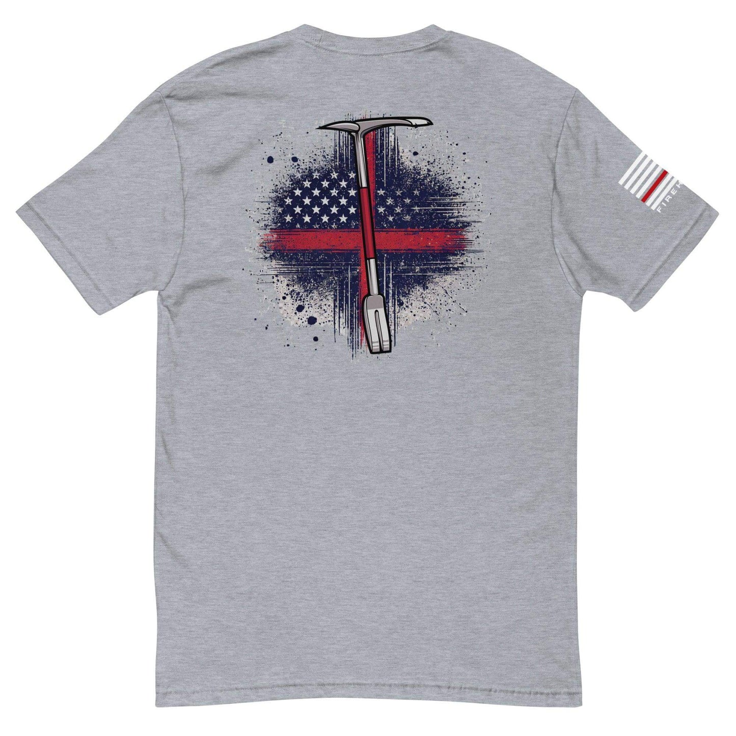 Short sleeve firefighter t-shirt featuring a graphic design of a pickaxe and American flag on the back, heather grey color.