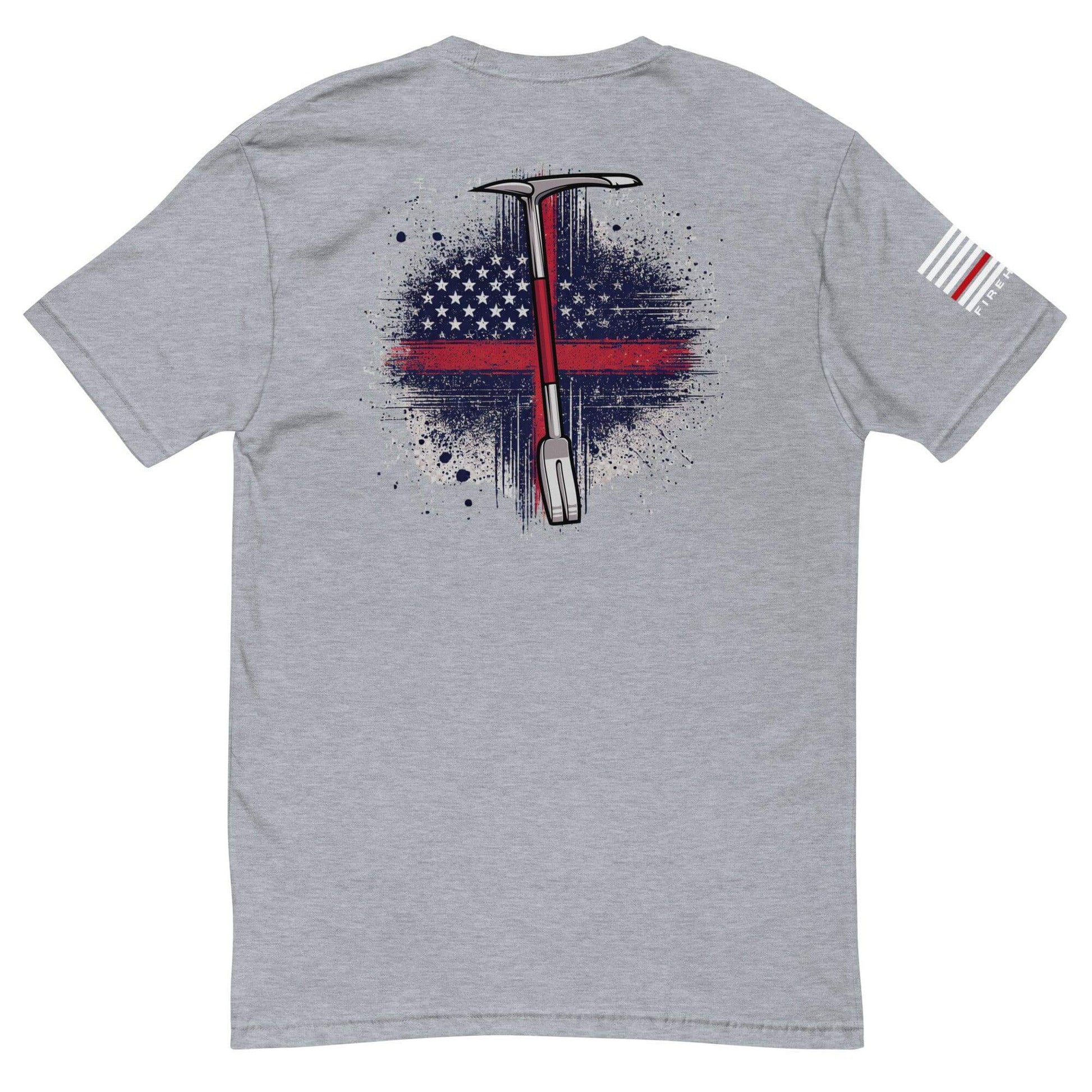 Short sleeve firefighter t-shirt featuring a graphic design of a pickaxe and American flag on the back, heather grey color.