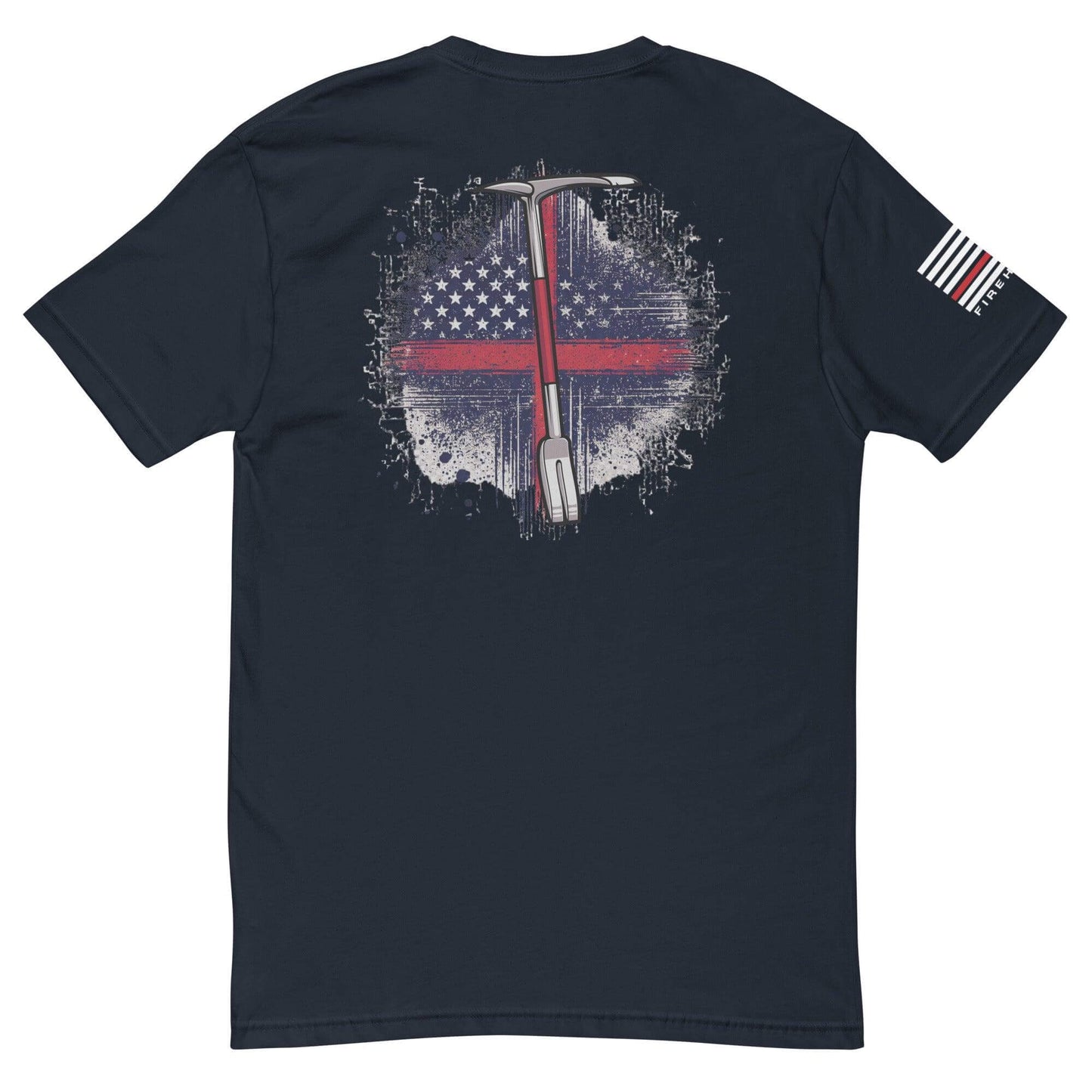 Black short sleeve t-shirt featuring a graphic of a firefighter's axe and American flag design on the back.