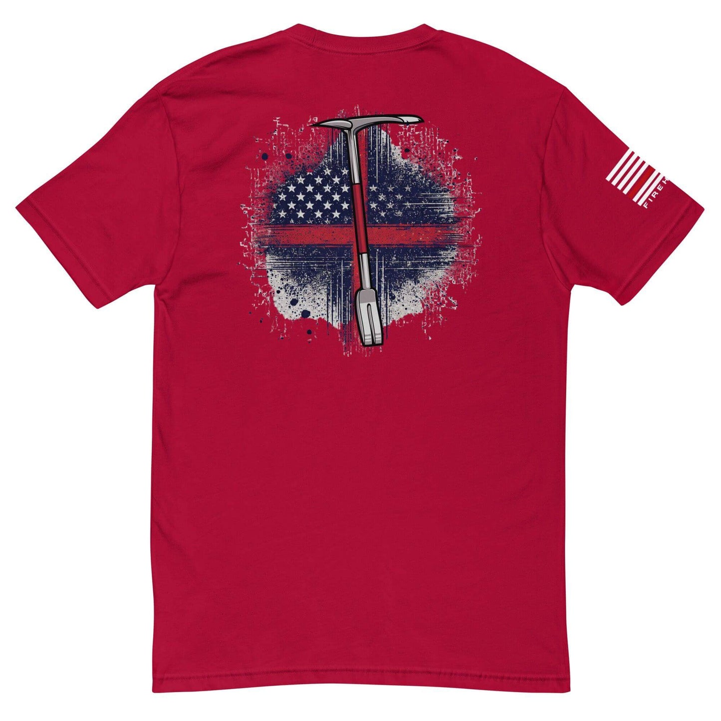 Red short sleeve t-shirt with firefighter graphic and American flag on back, ideal firefighter apparel and gifts.