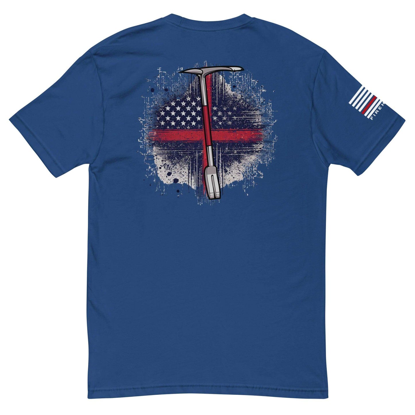 Short sleeve t-shirt with firefighter-themed graphic featuring a shovel and American flag design on back.