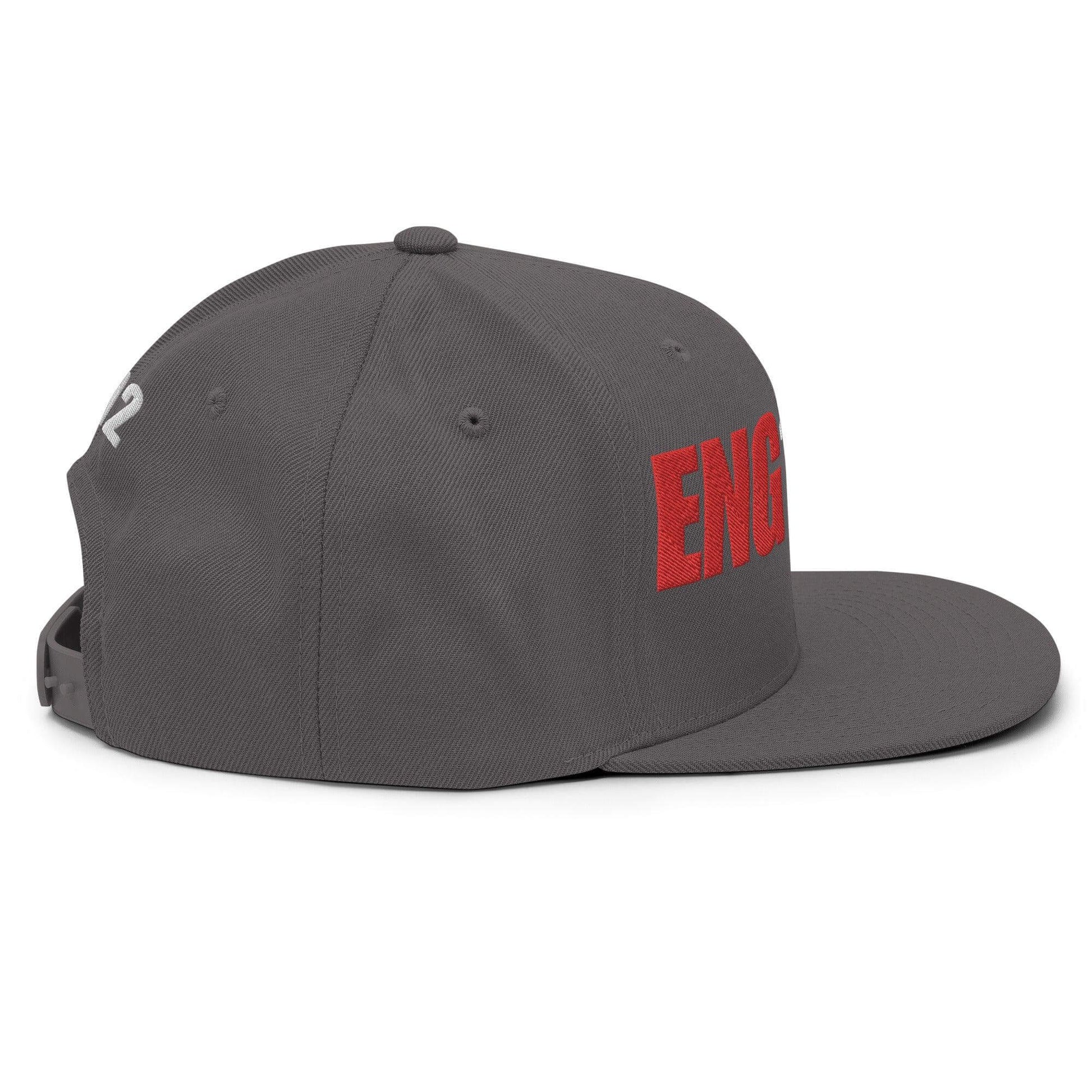 Custom gray snapback hat featuring bold red "ENGINE" text, ideal for firefighter apparel and gifts.