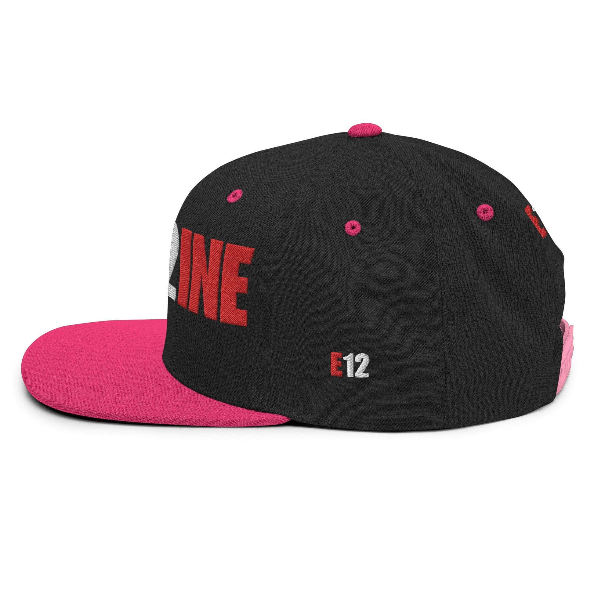 Custom firefighter snapback hat with a pink brim and bold "ENGINE" lettering, perfect for firefighter pride and apparel.