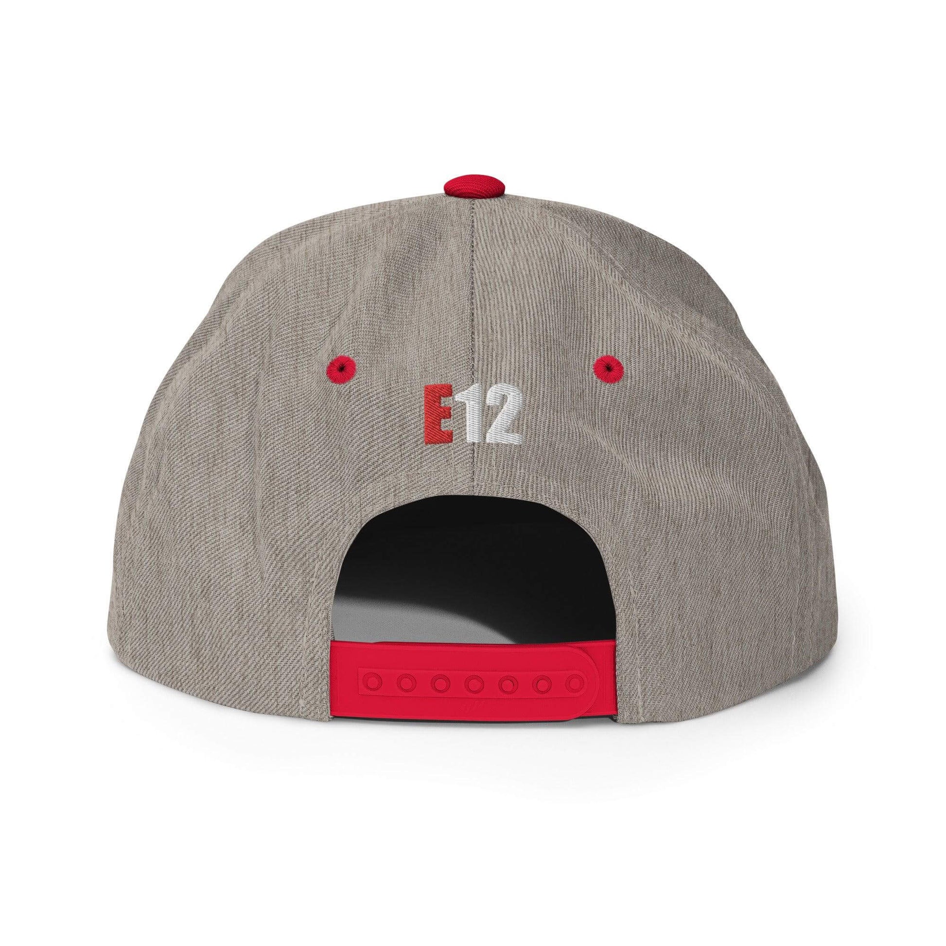 Back view of custom firefighter snapback hat with E12, red accents, and adjustable strap. Perfect firefighter apparel.