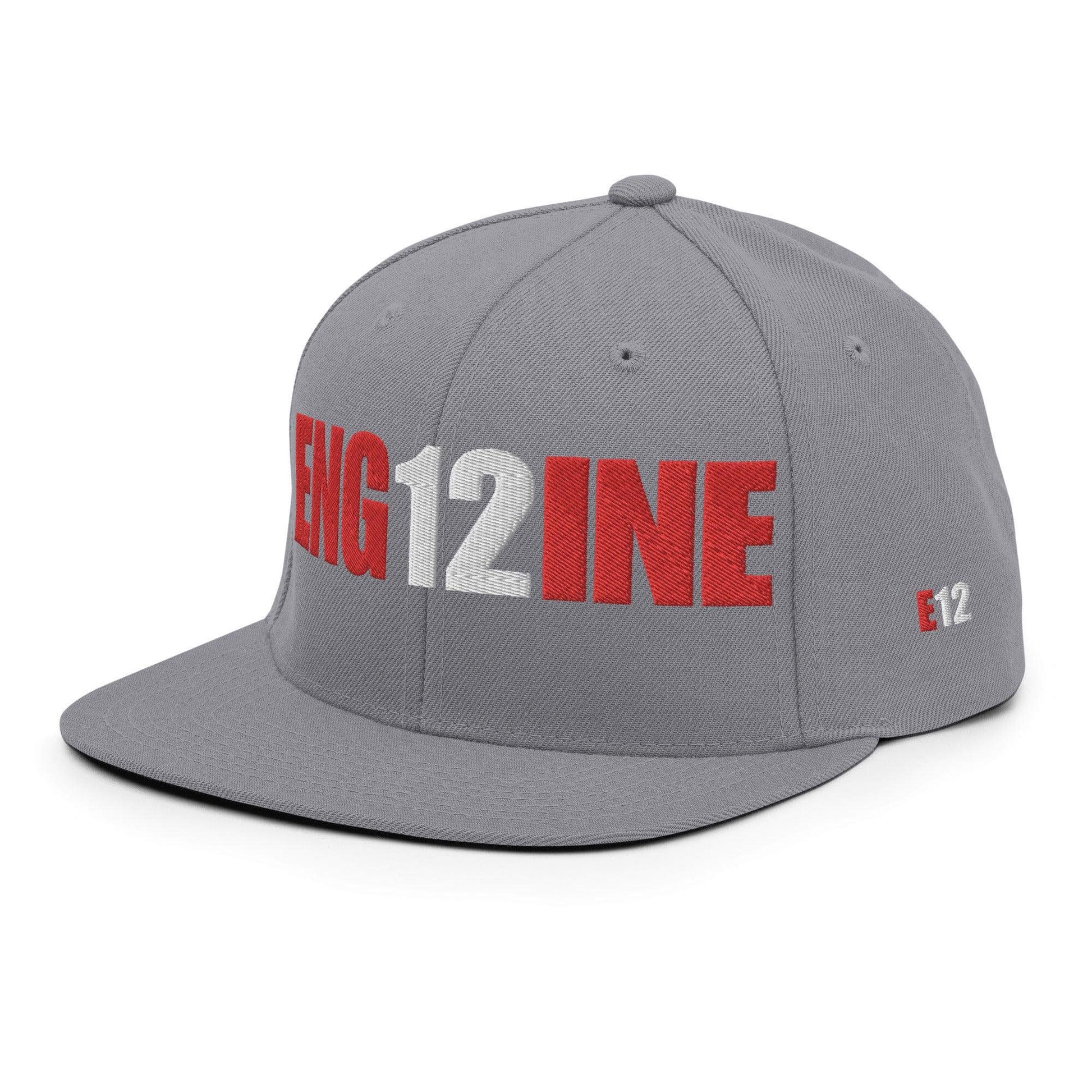 Custom gray firefighter snapback hat featuring bold "ENG12INE" lettering, ideal for firefighter apparel and gifts.