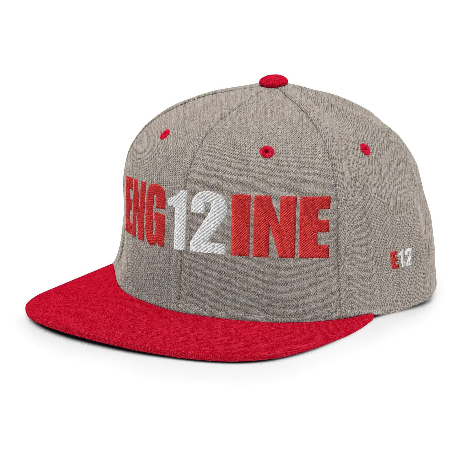 Custom firefighter snapback hat featuring "ENG12INE" design, perfect for firehouse pride and apparel.