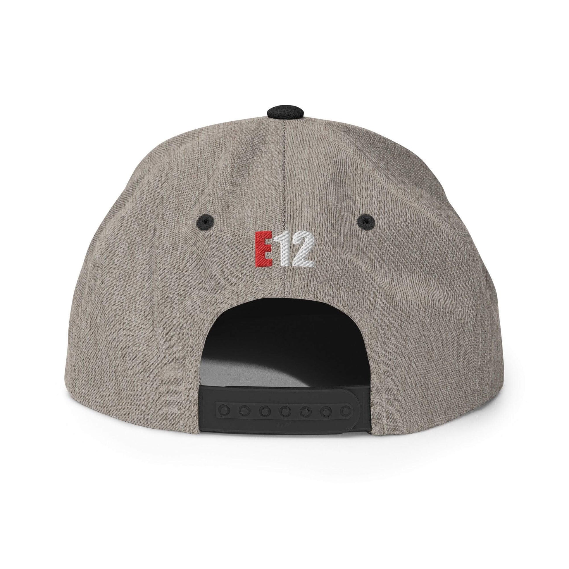 Back view of Custom Firehouse Firefighter Engine Company Snapback Hat with E12 embroidered design.