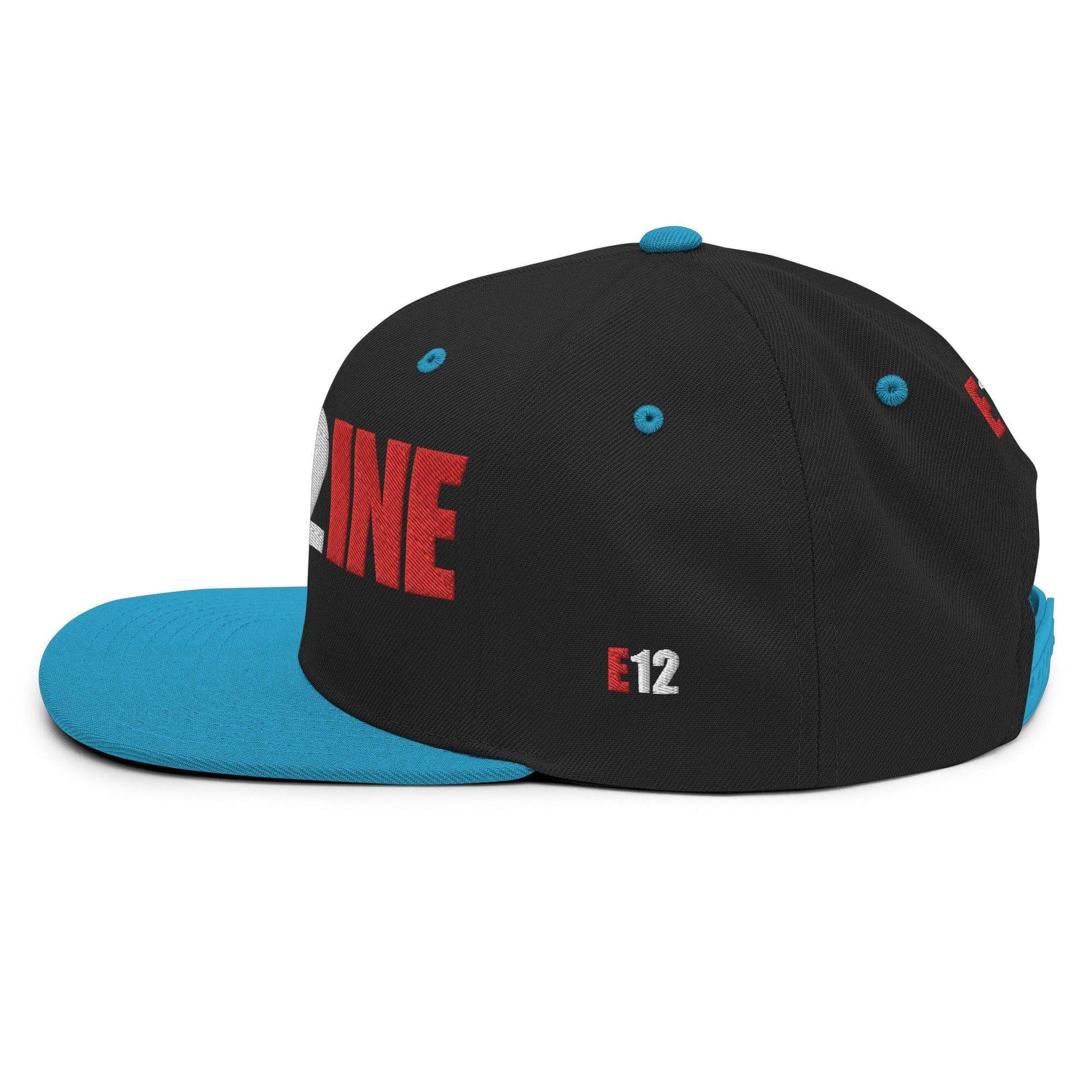 Custom firefighter snapback hat with black body and turquoise visor, featuring bold lettering for firehouse pride.