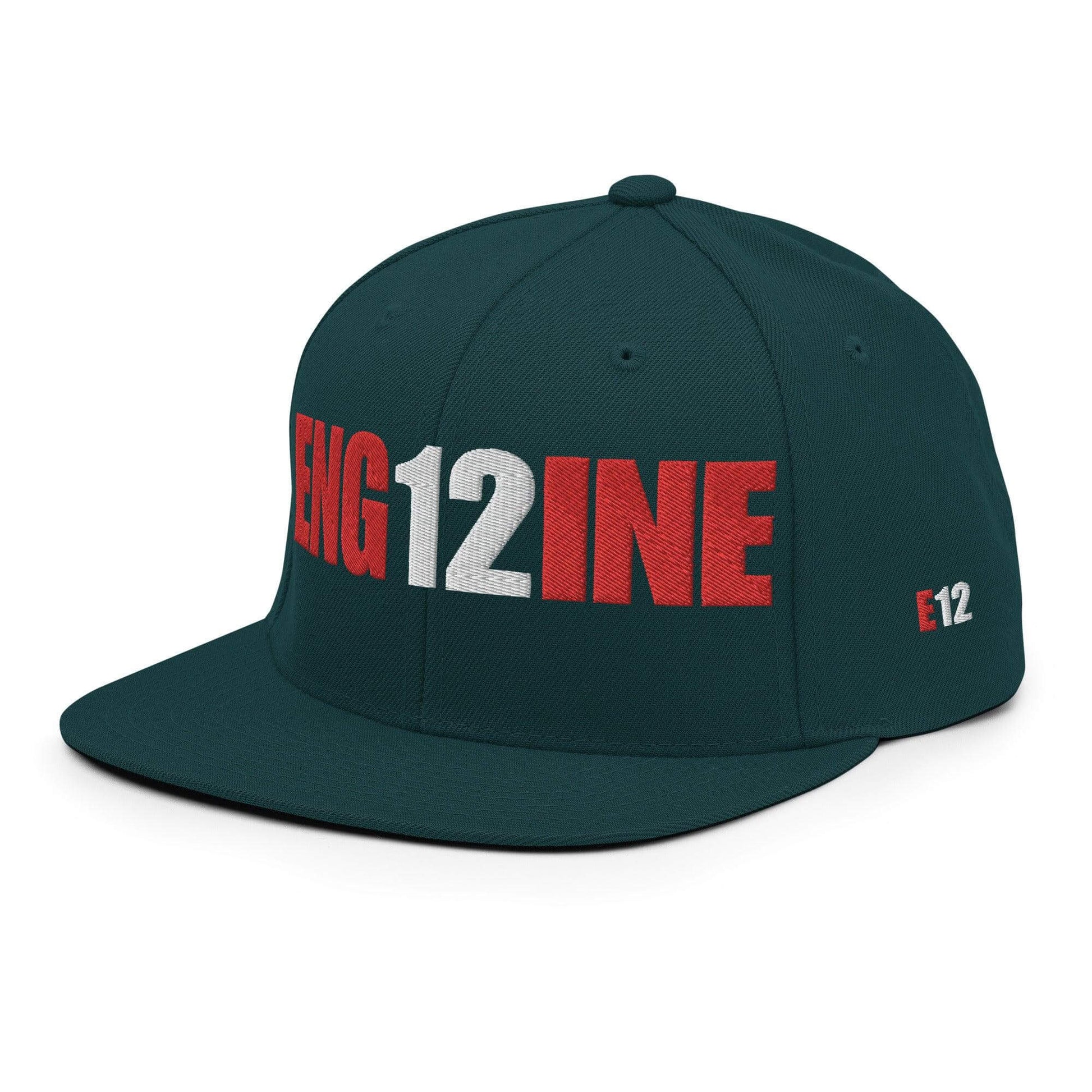 Custom firefighter snapback hat in dark green with "ENG 12" lettering, perfect for firefighter apparel and gifts.