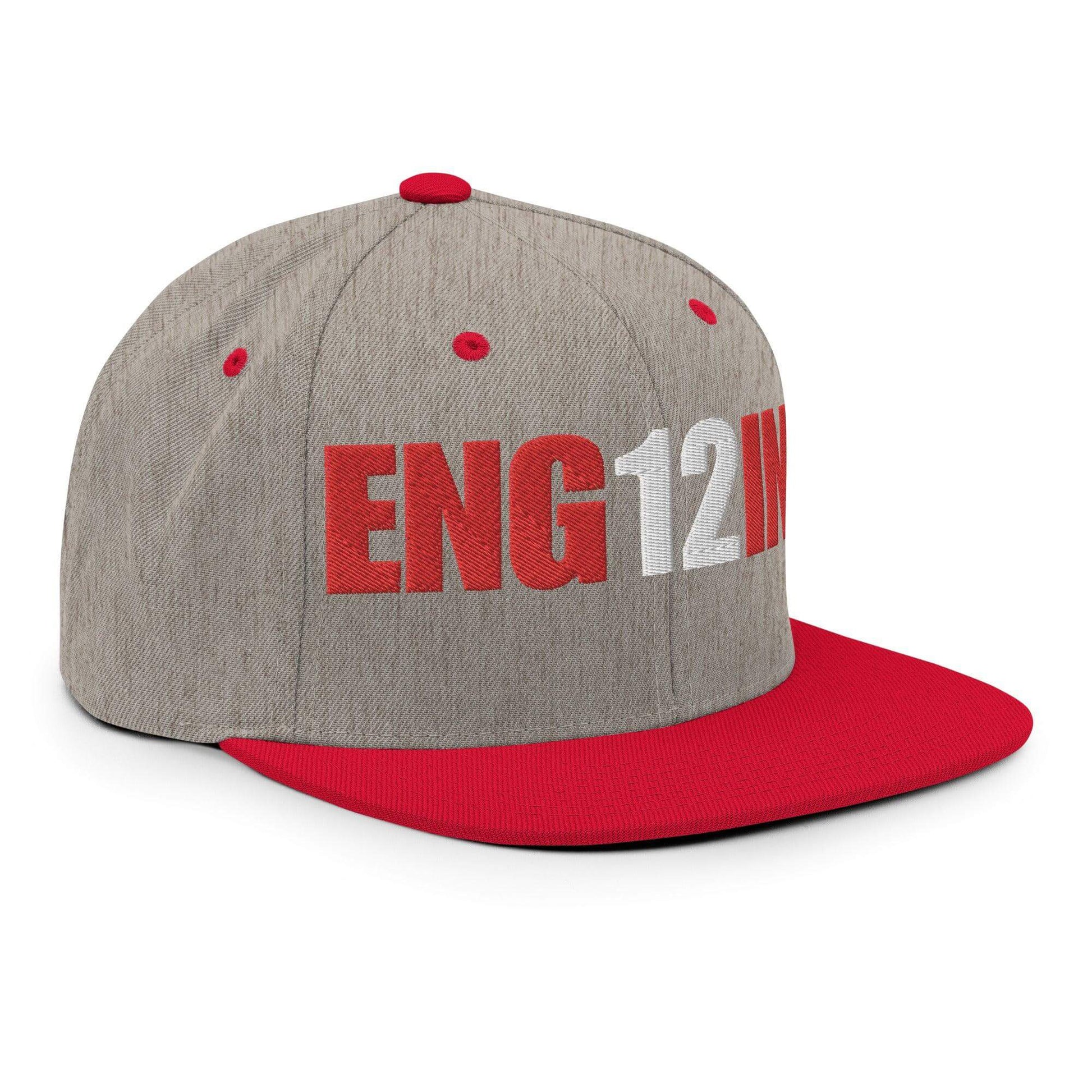 Custom firefighter snapback hat in gray and red with "ENG 12" lettering, perfect for firefighter gear and gifts.