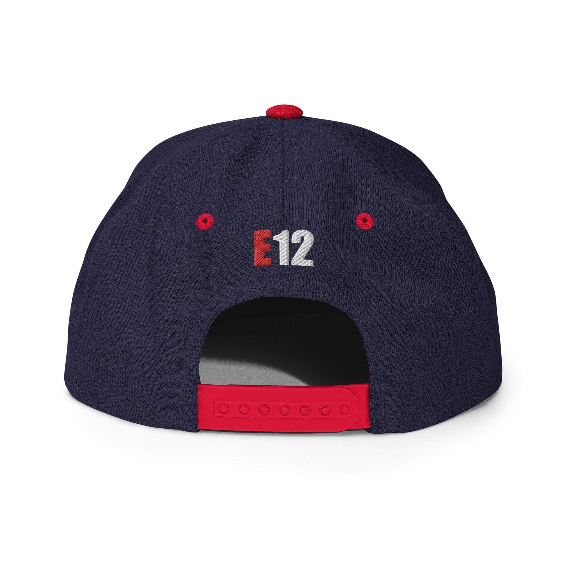 Back view of Custom Firehouse Firefighter Engine Company Snapback Hat featuring E12 logo and red snap closure.