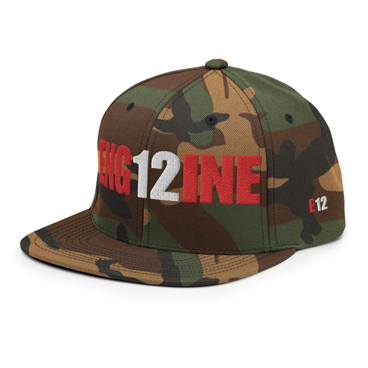 Custom camo snapback hat featuring bold firefighter engine company design for firefighters and their supporters.