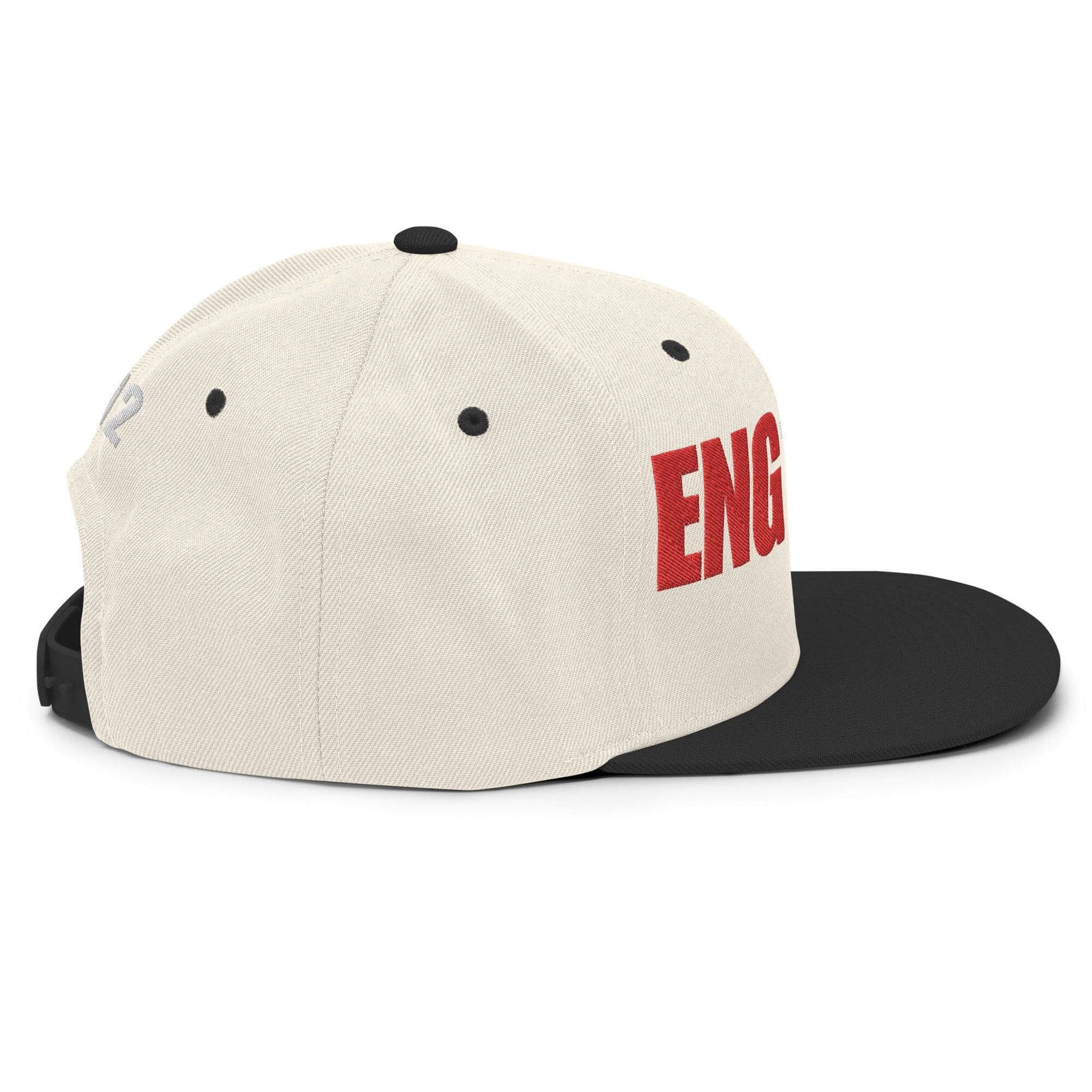 Custom firefighter snapback hat with red "ENGINE" text, perfect for firefighter gear and firehouse gifts.