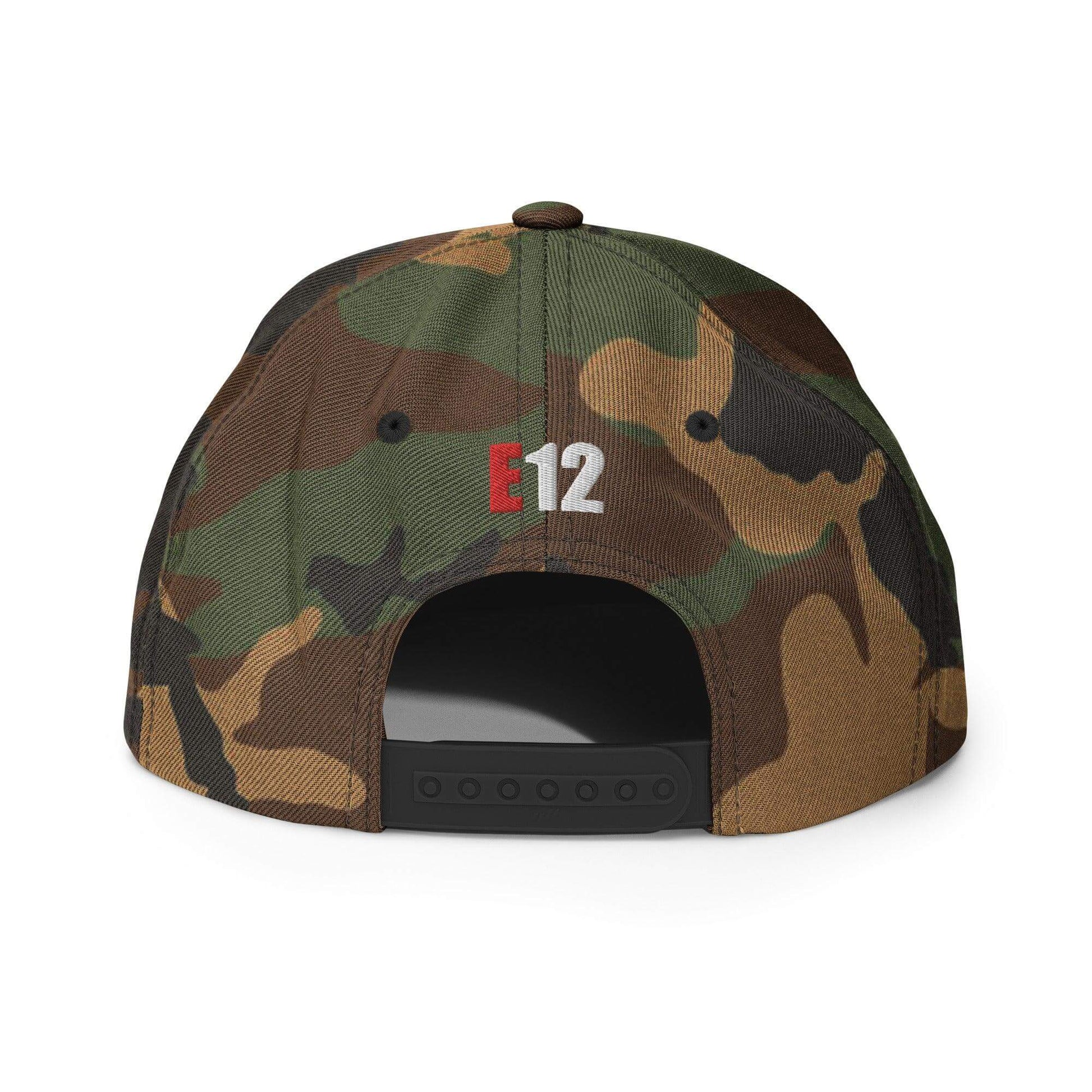 Back view of Custom Firehouse Firefighter Engine Company Snapback Hat featuring camouflage design and E12 embroidery.