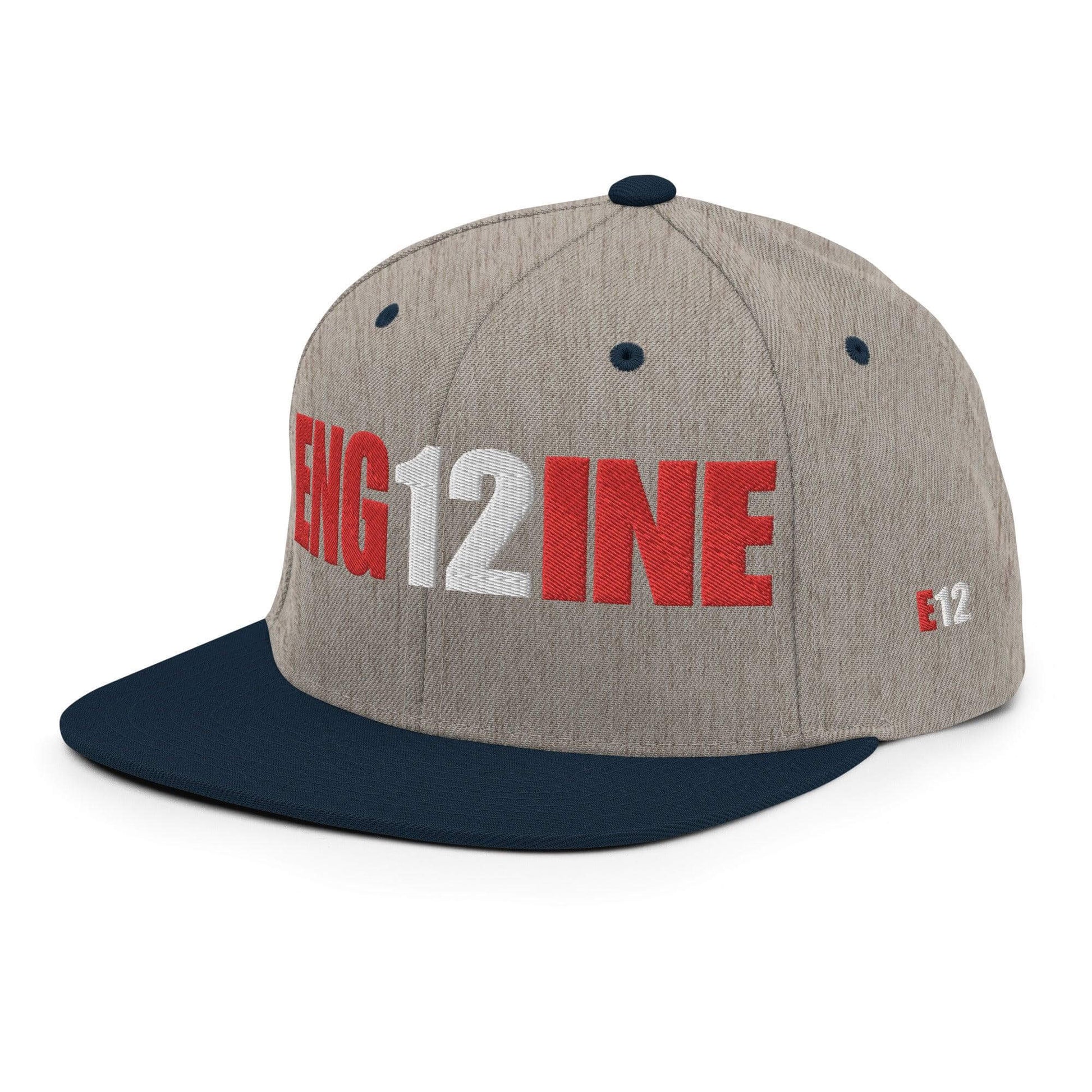 Custom firefighter snapback hat in beige and navy with bold "ENG 12" lettering for firefighter pride and fashion.