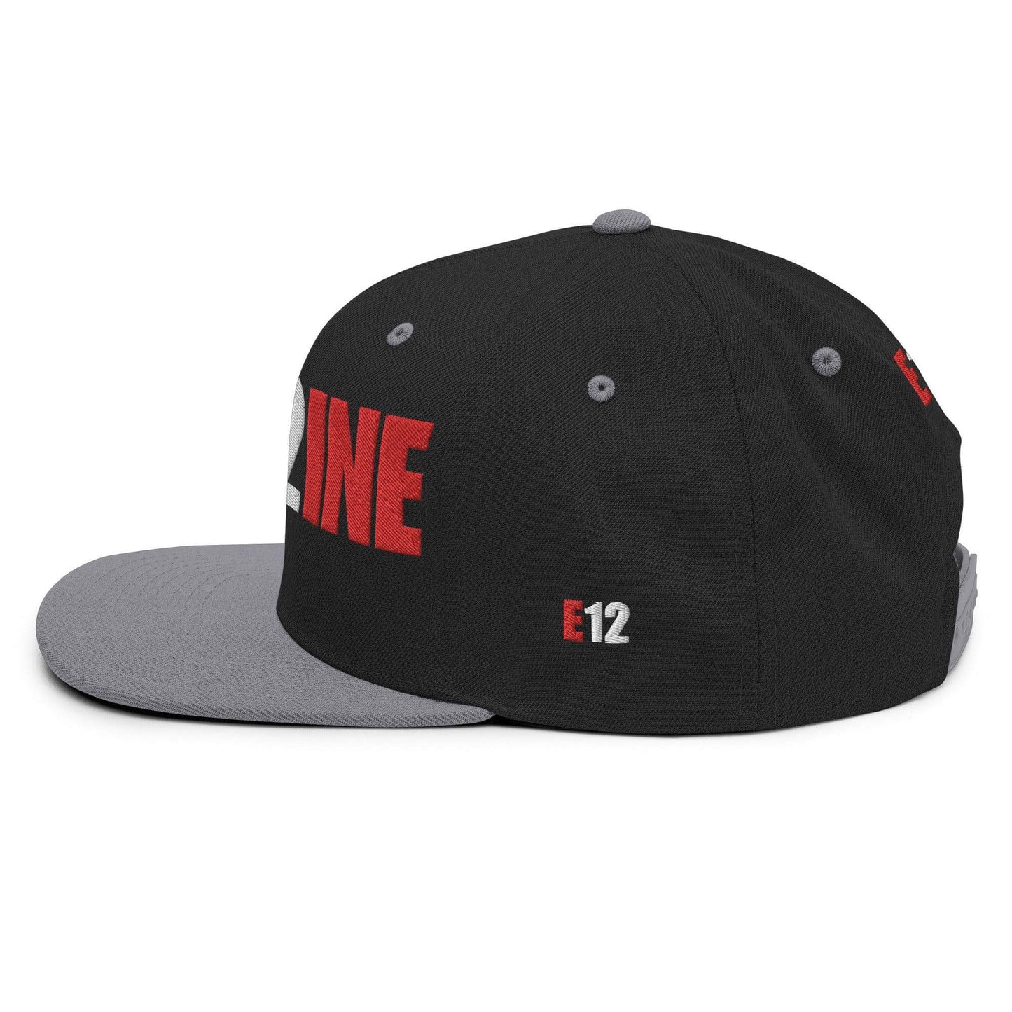 Custom firefighter snapback hat in black and grey with bold red lettering for Engine Company E12.