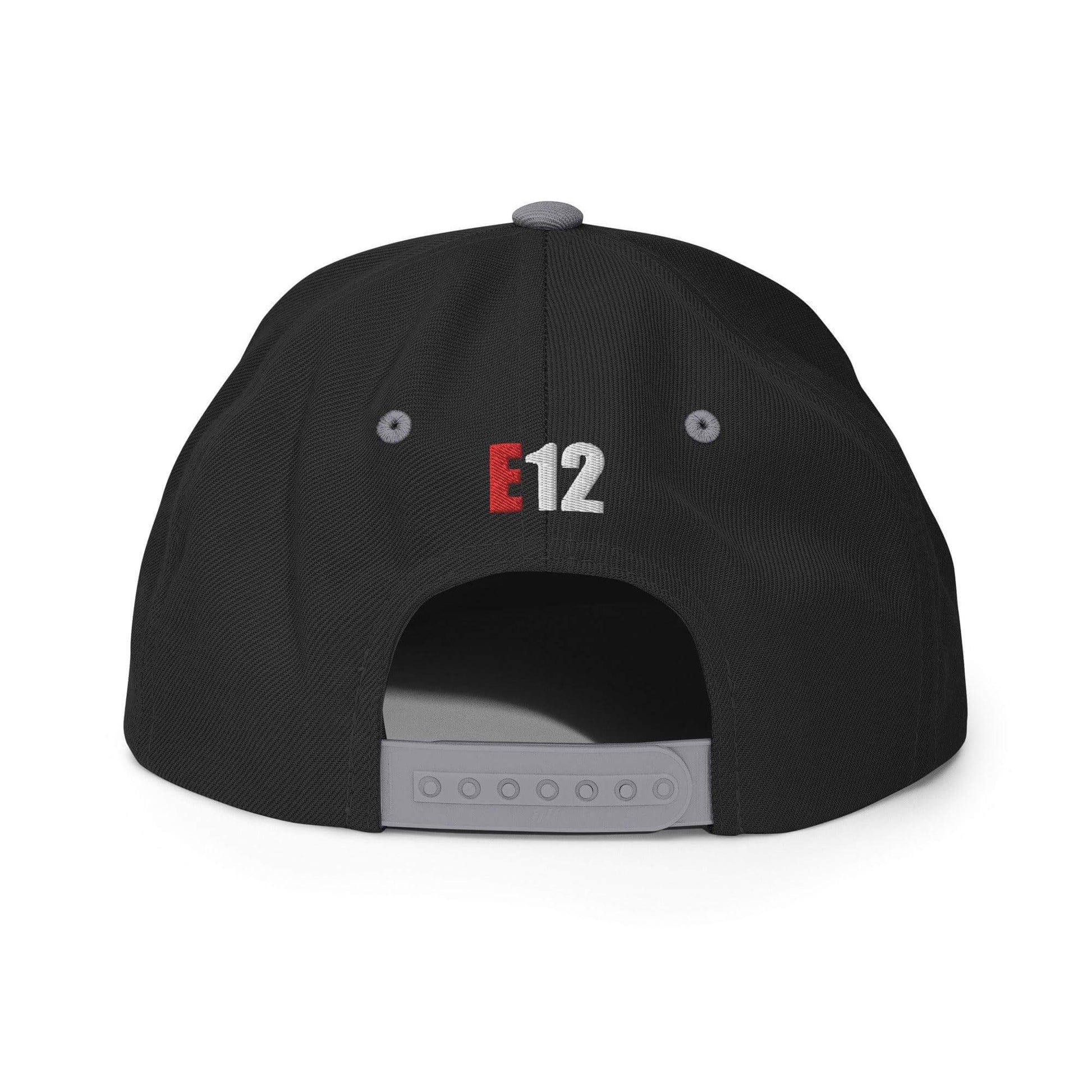 Back view of custom firefighter snapback hat with E12 embroidered in red, perfect for firefighter gear and gifts.