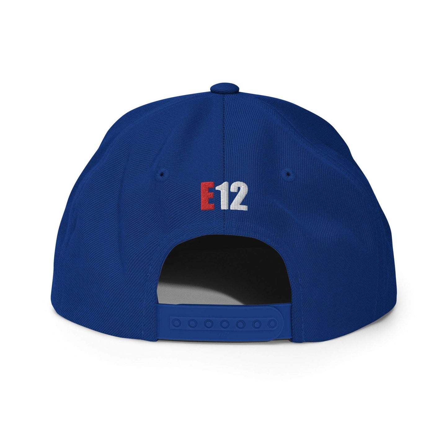 Back view of custom blue firefighter snapback hat featuring E12 embroidery, perfect for firefighter gear and gifts.