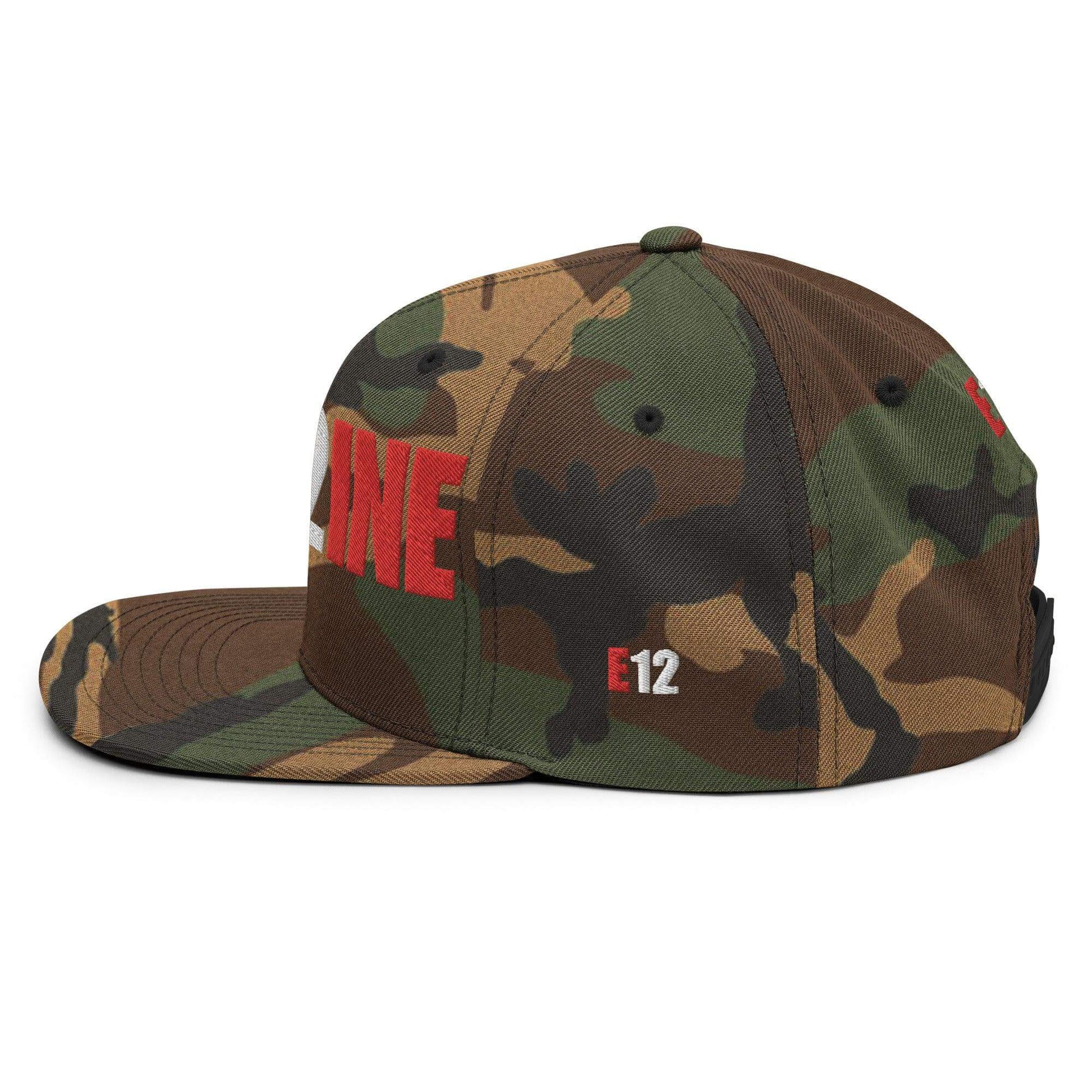 Custom firefighter snapback hat in camouflage design, featuring bold red lettering and firehouse identification.