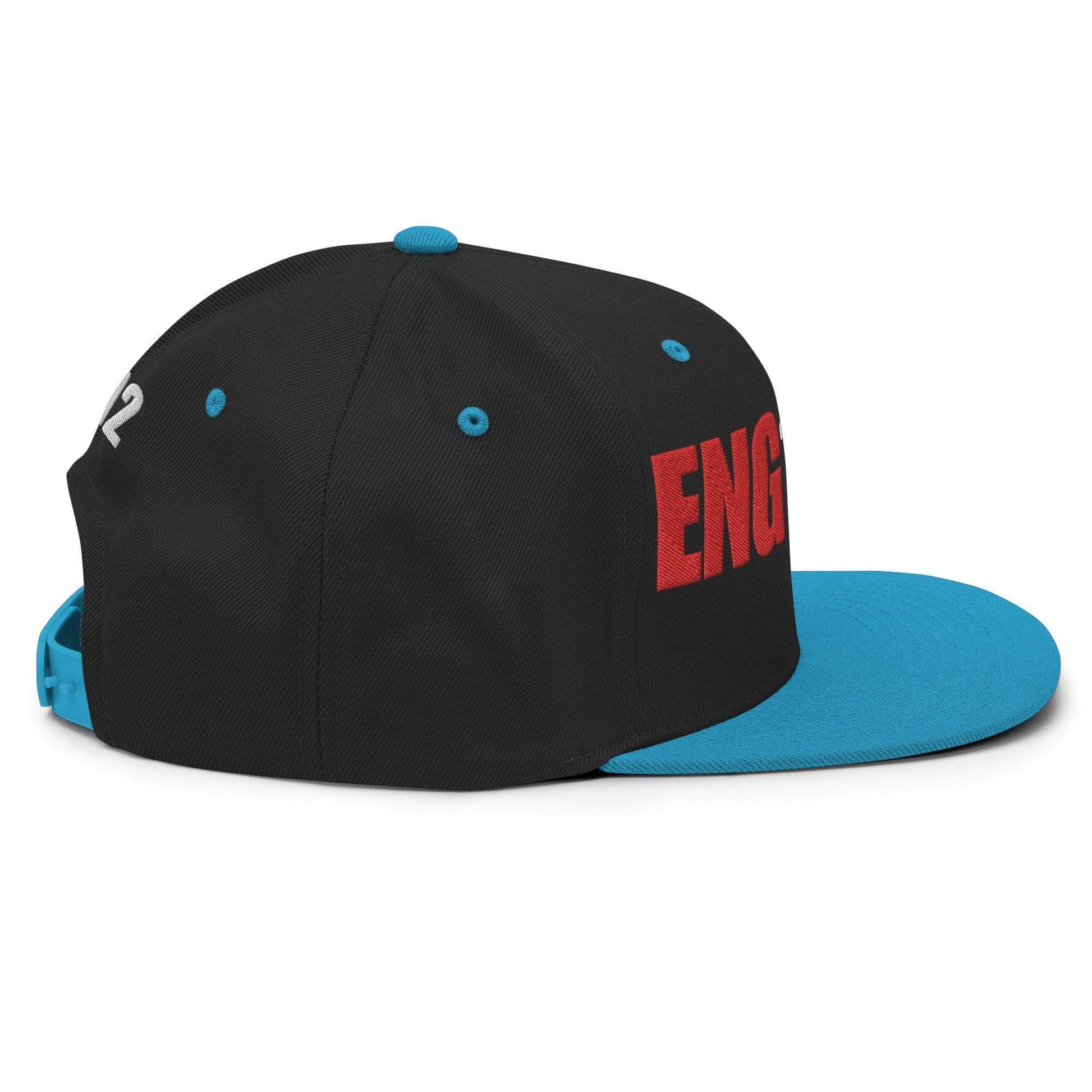 Custom firefighter snapback hat with red "ENGINE" text and a blue brim, perfect for firehouse pride and apparel.