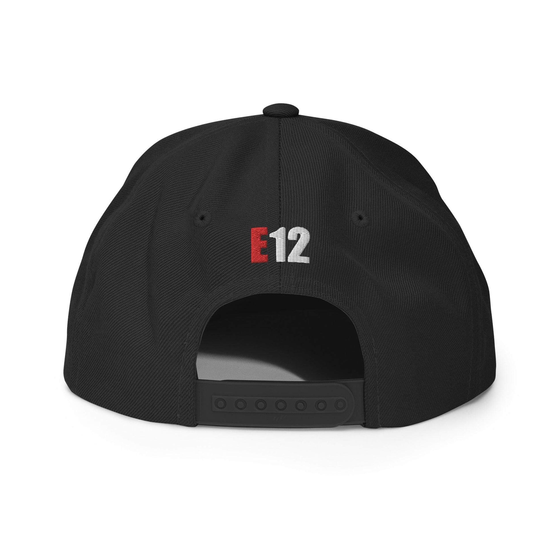 Back view of a black firefighter snapback hat featuring "E12" embroidery, perfect for firefighter gear and apparel.