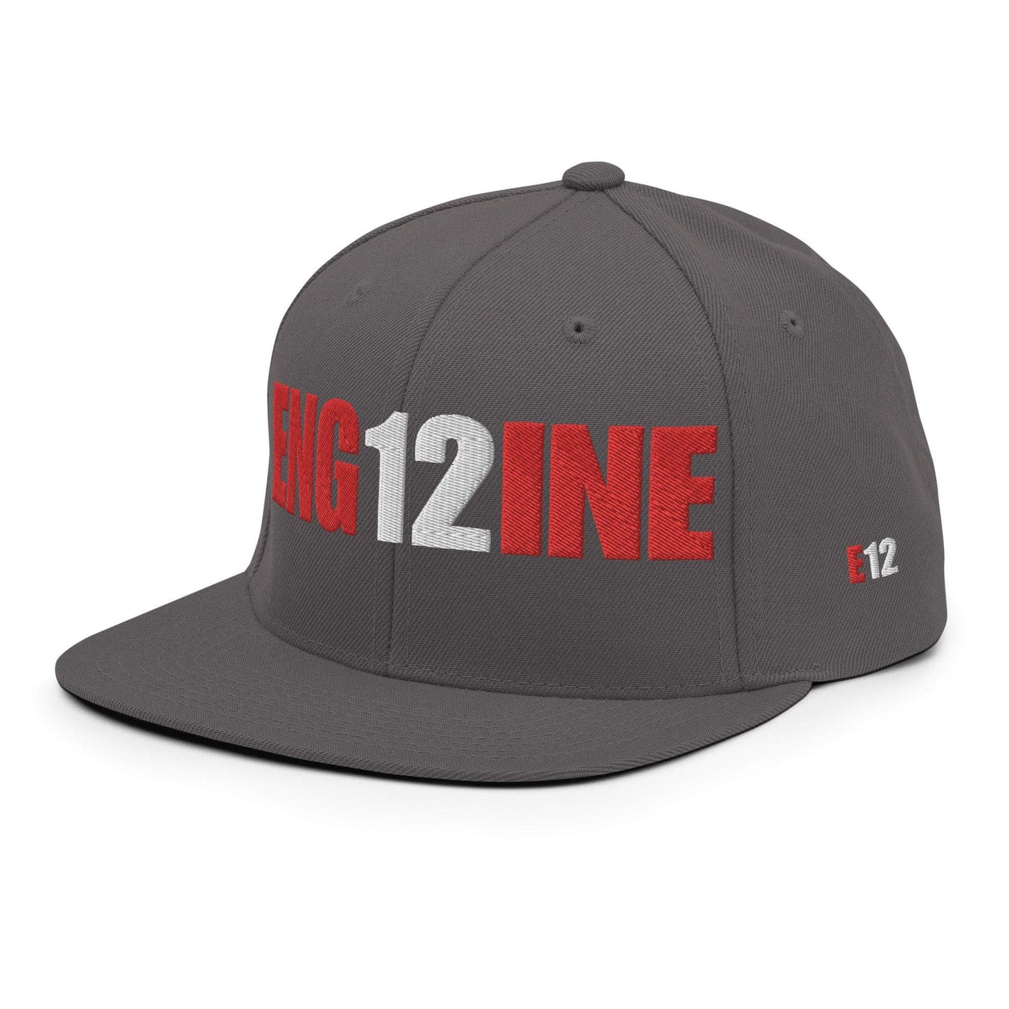 Custom firefighter snapback hat in gray with bold red and white lettering for firehouse pride. Ideal firefighter apparel accessory.