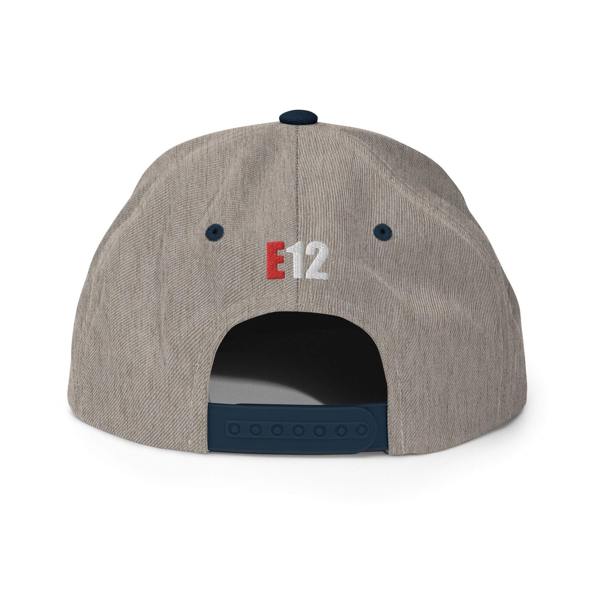 Back view of Custom Firehouse Firefighter Engine Company Snapback Hat featuring E12 emblem and adjustable strap.