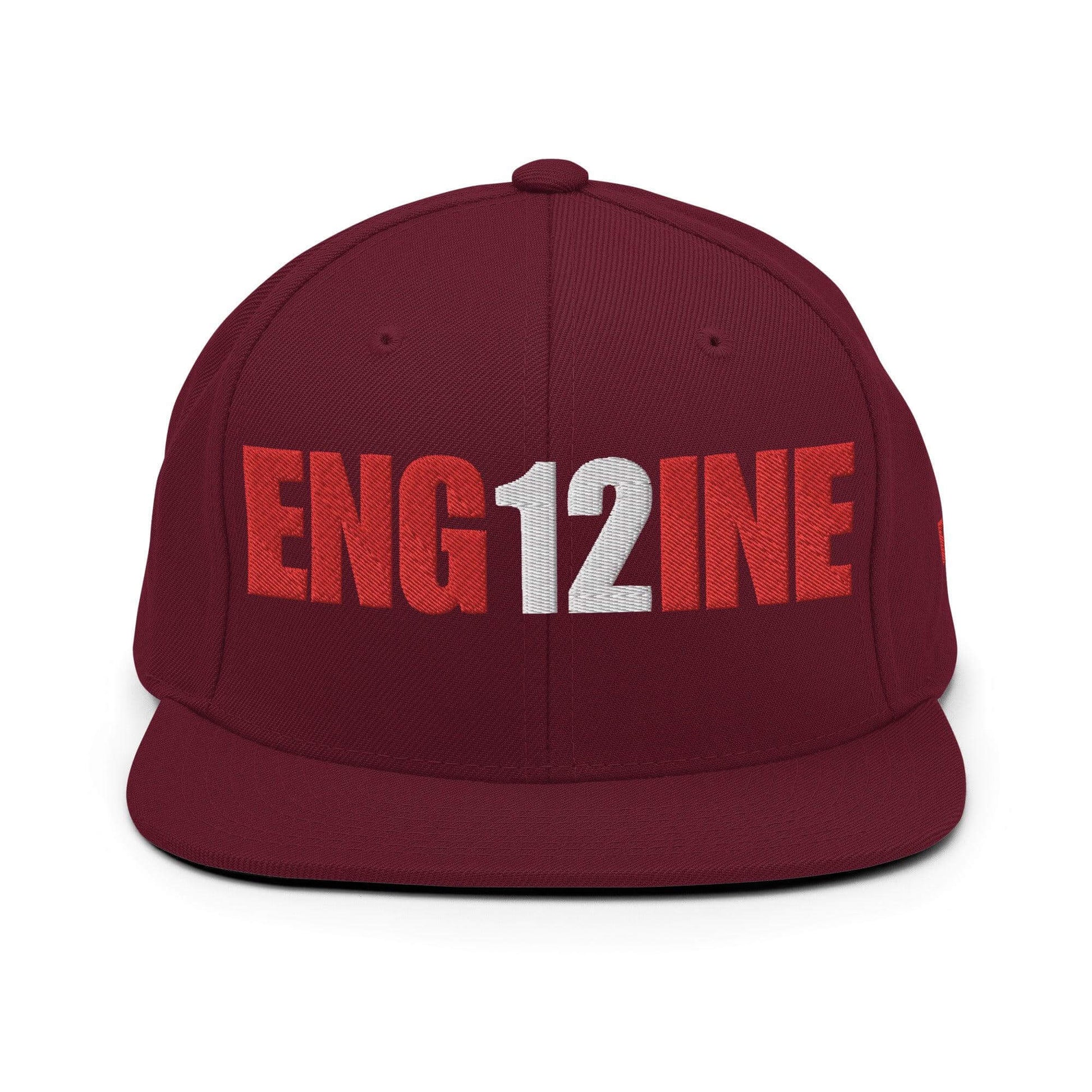 Custom firefighter snapback hat with "ENG12INE" design, ideal firefighter apparel and gifts for firehouse supporters.