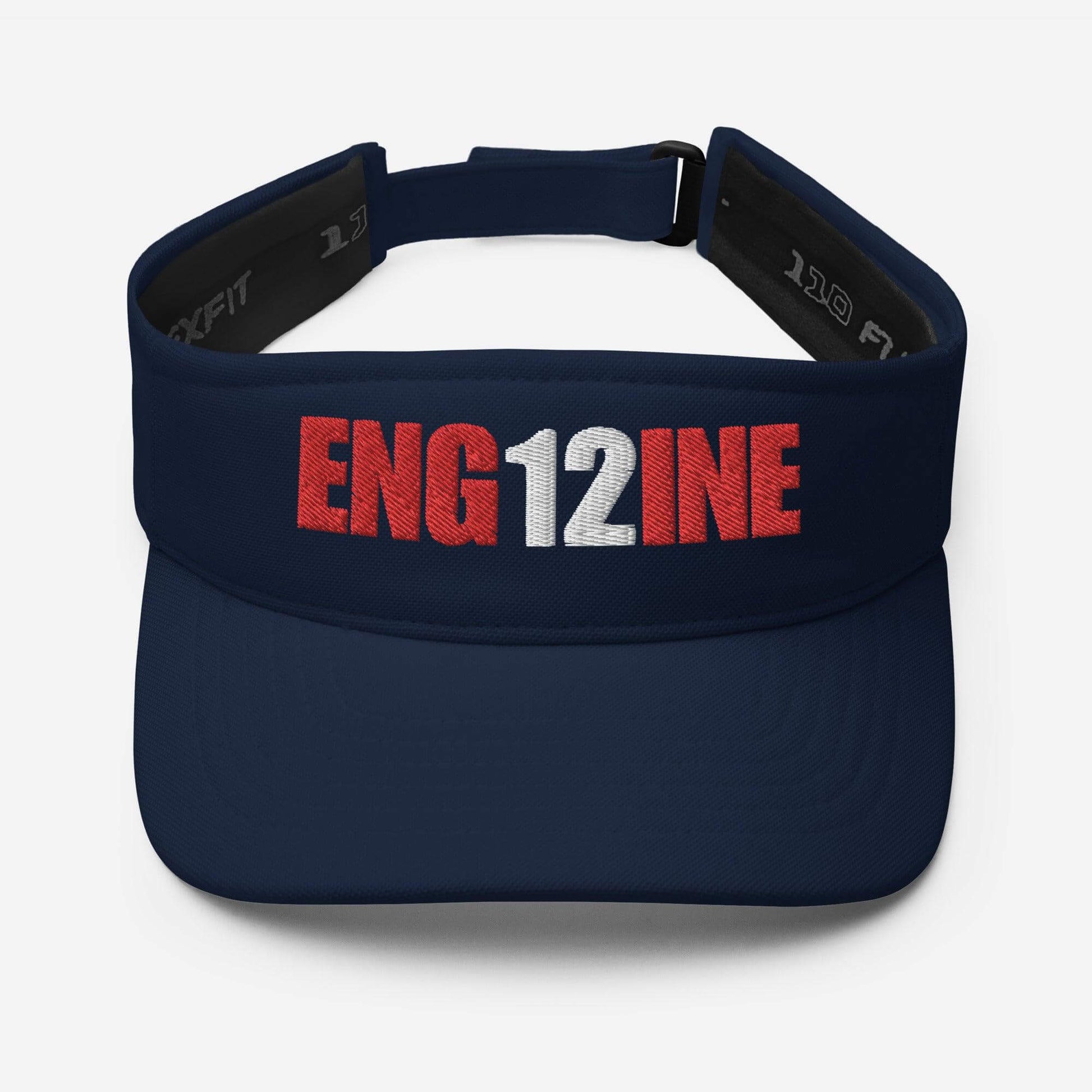 Navy visor with embroidered "ENG12INE" text, perfect for firefighter gifts and apparel. Ideal for firehouse and fire dept gear.