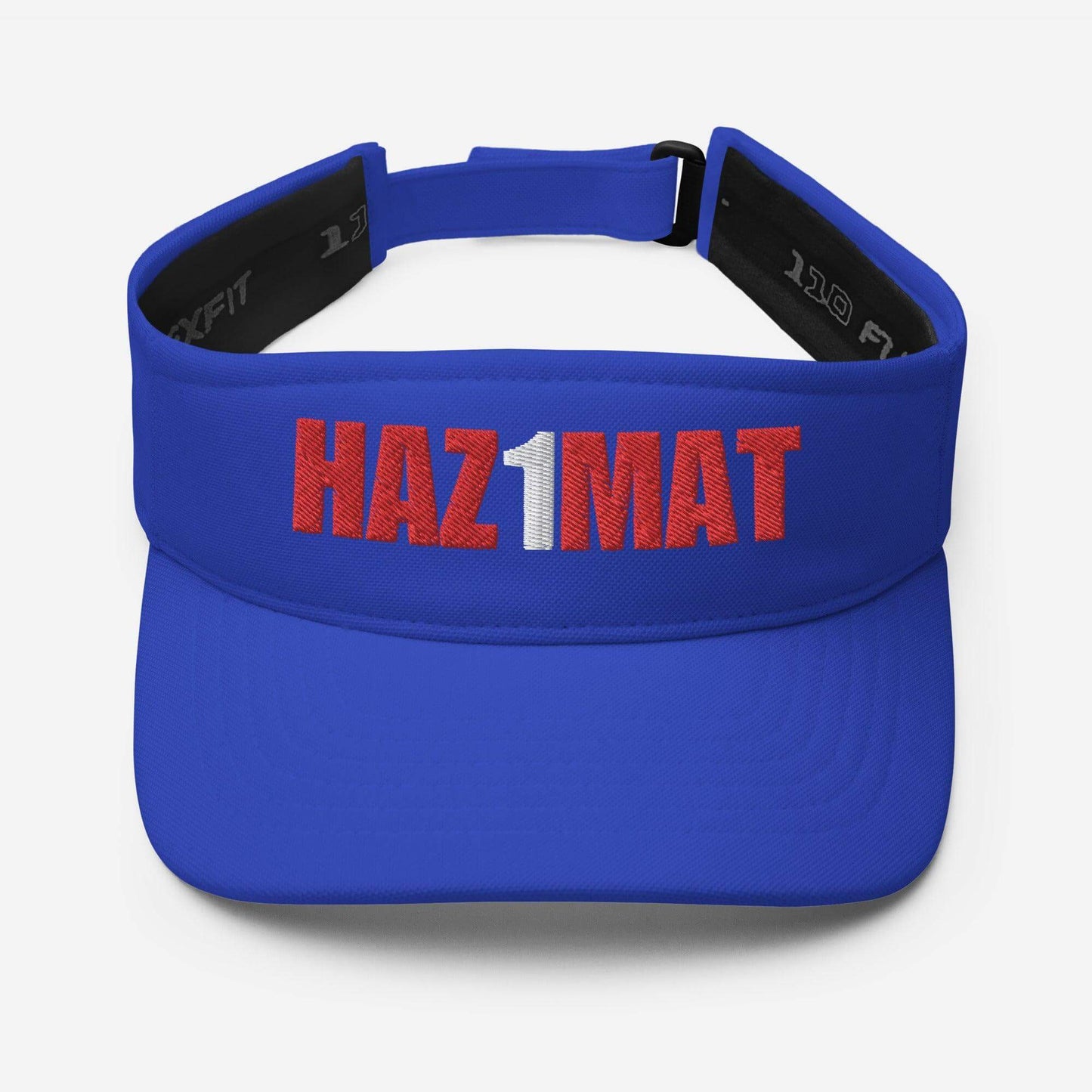 Blue visor with "HAZMAT" embroidered in red and white, ideal for firefighters and emergency responders.