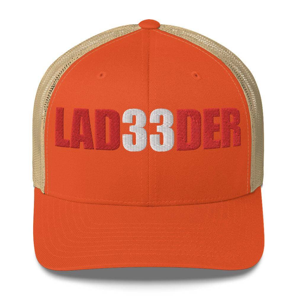 Orange trucker cap with LAD33DER embroidery, perfect for firefighter gifts and gear. Ideal for sunny days.