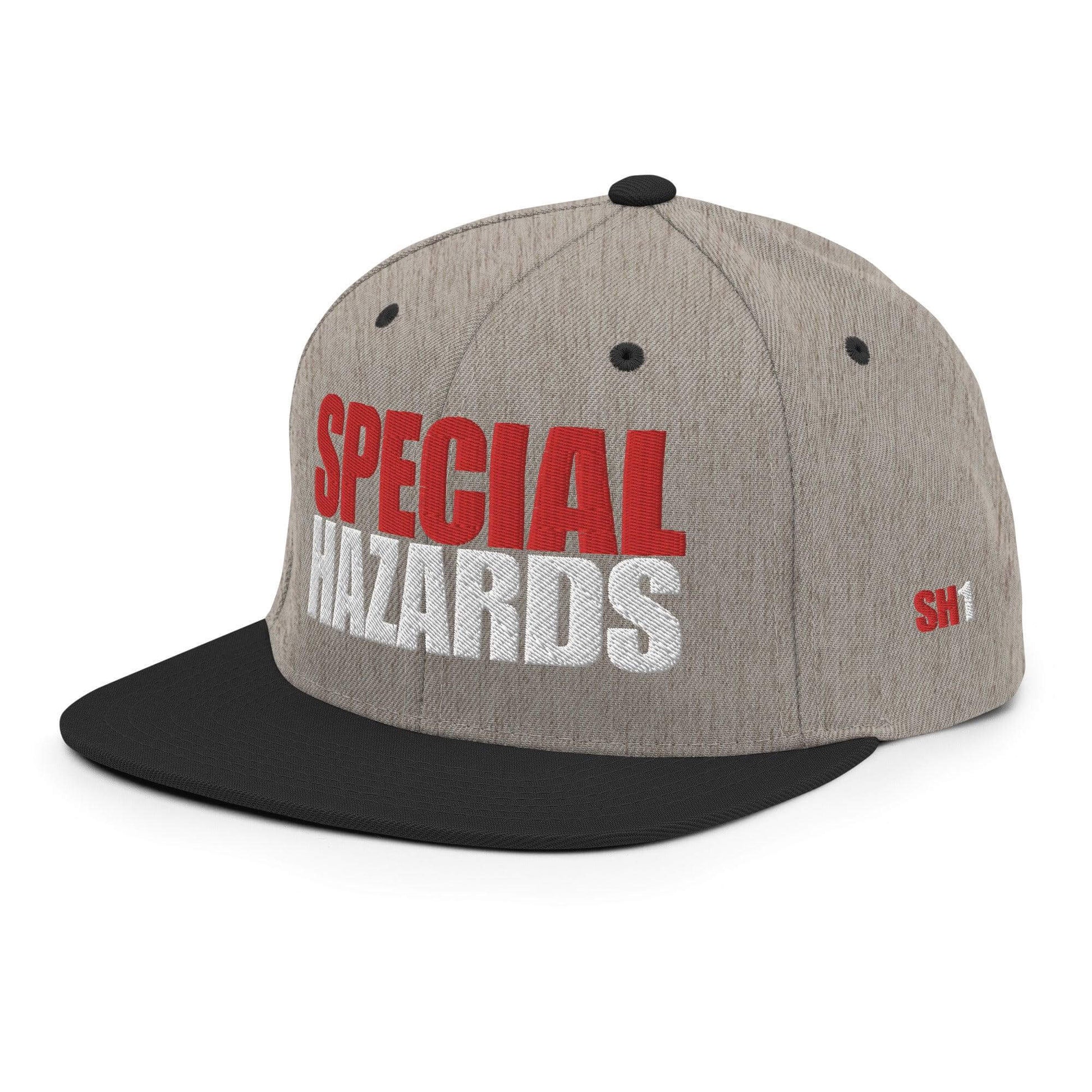 Custom snapback hat featuring "SPECIAL HAZARDS" text, perfect for firefighters and firehouse gifts. Ideal firefighter apparel.