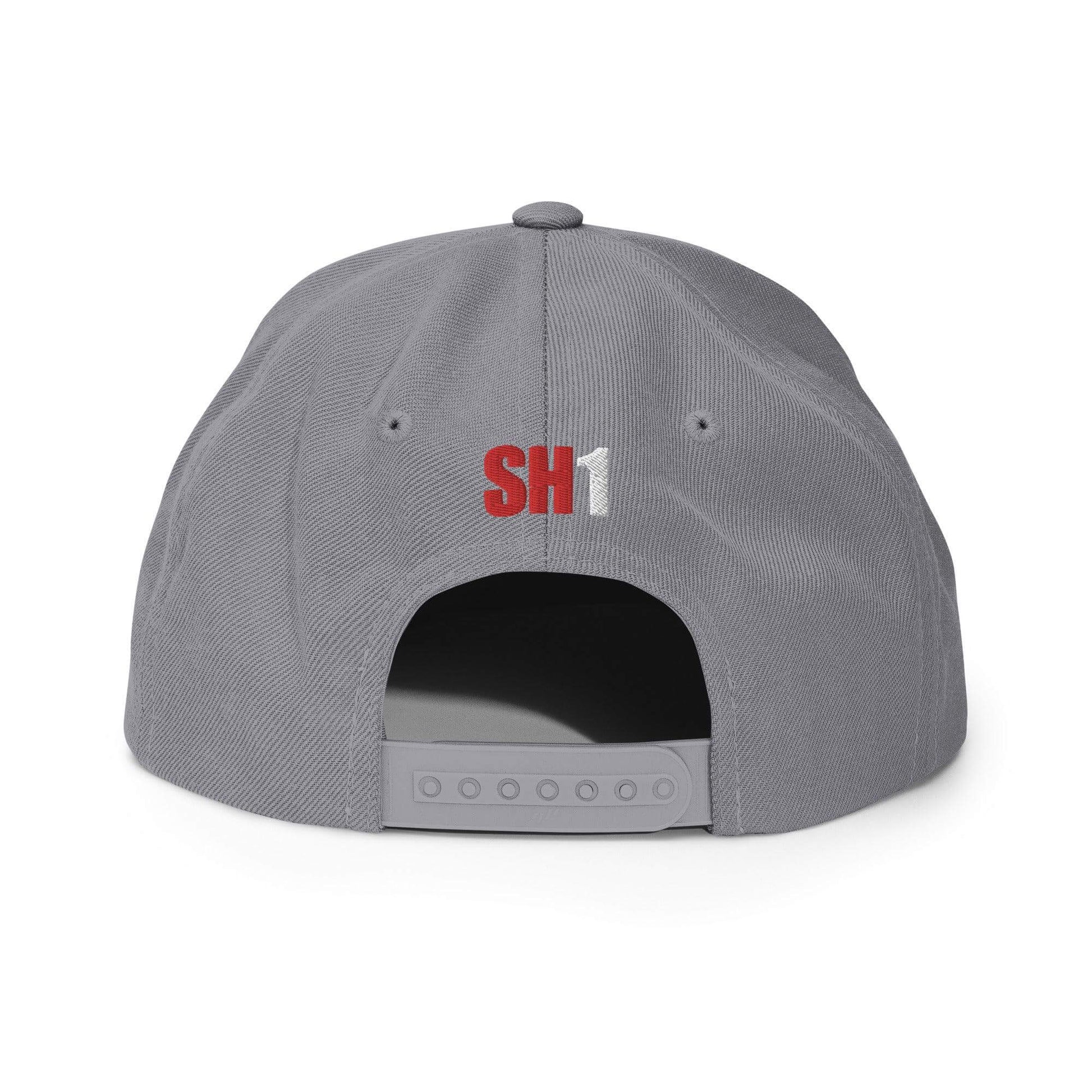Back view of Custom Firehouse firefighter snapback hat featuring SH1 embroidery and adjustable snap closure.