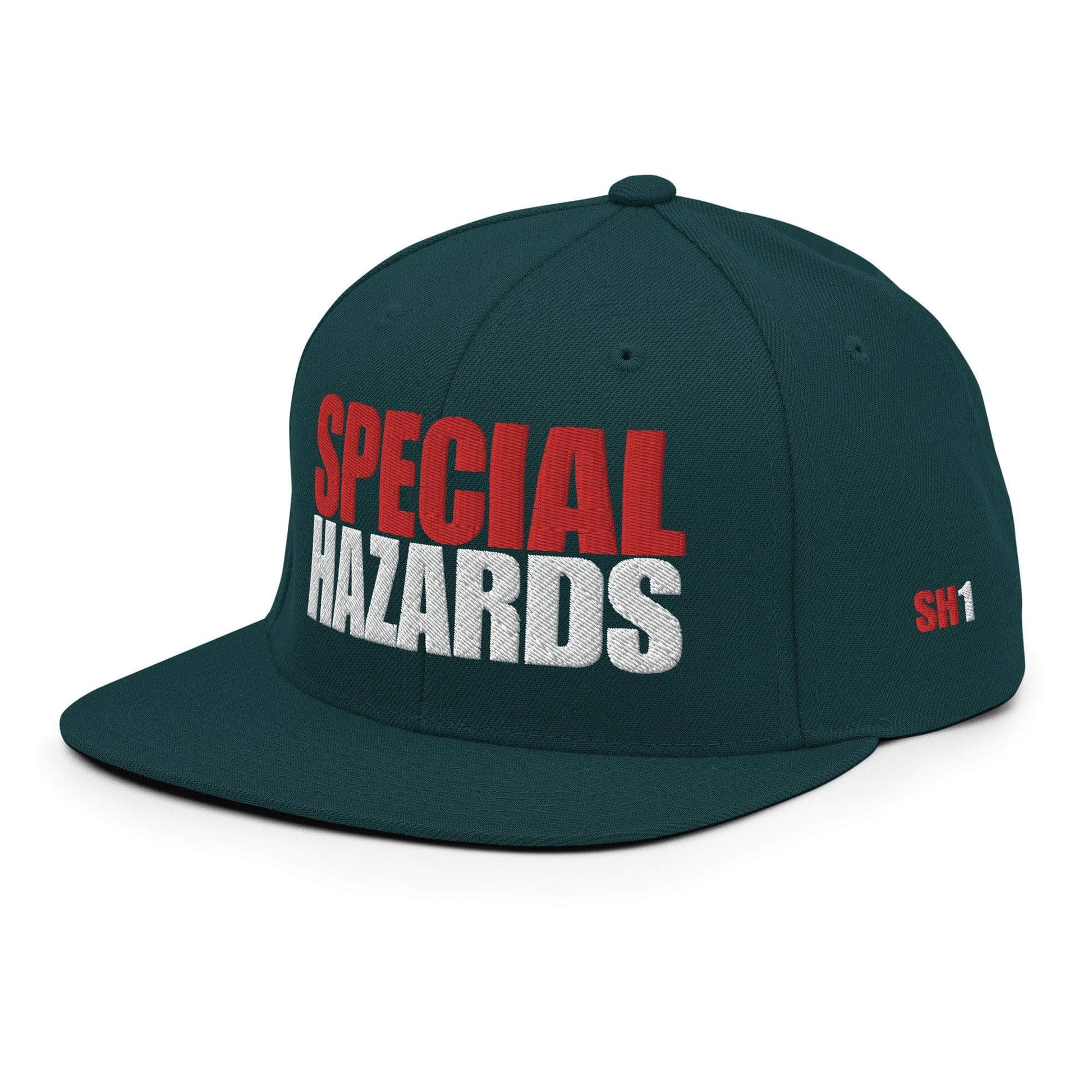 Custom firefighter snapback hat in dark green featuring "SPECIAL HAZARDS" in bold lettering, perfect for firehouse gifts.