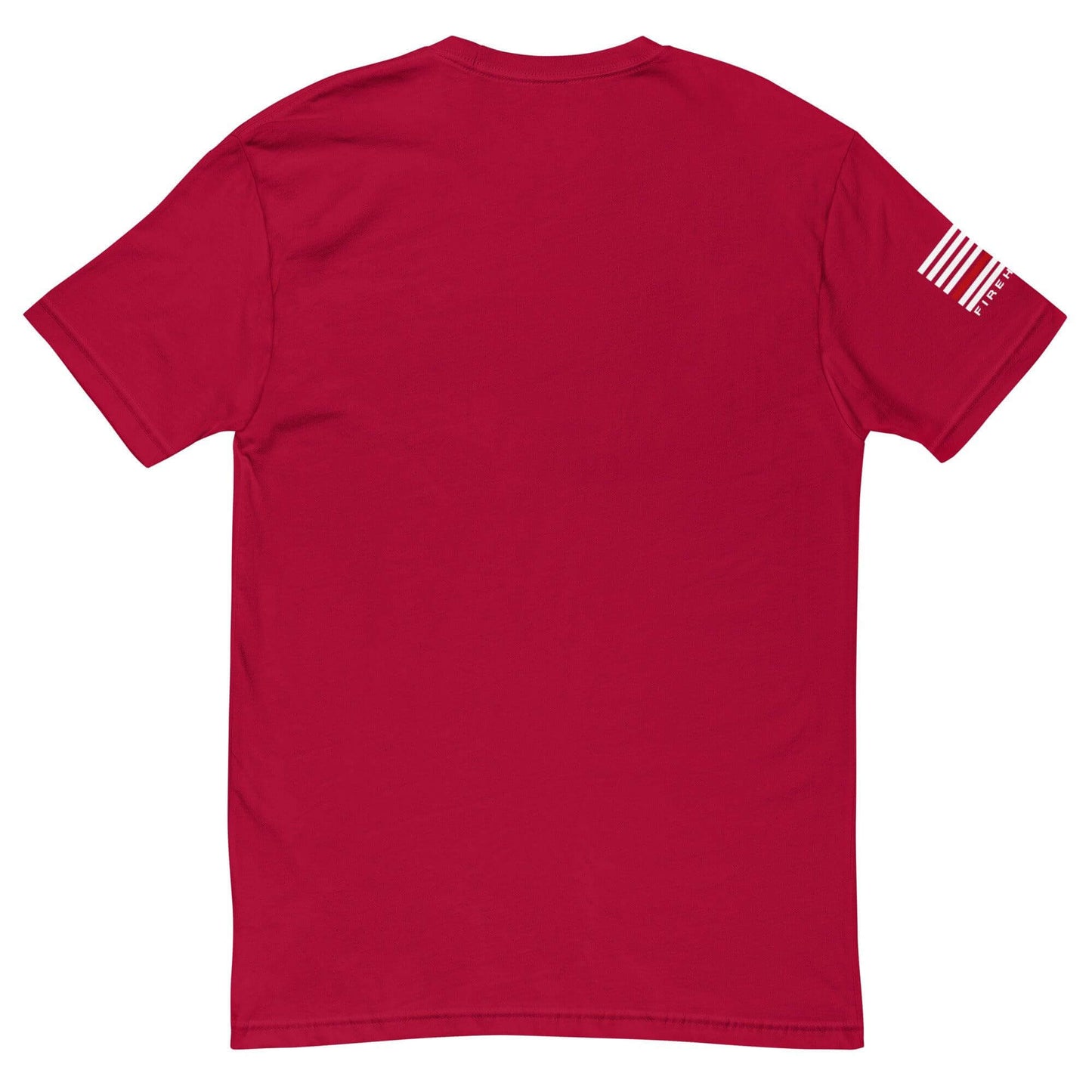 Back view of a red short sleeve t-shirt featuring a subtle flag design on the sleeve, ideal for firefighter apparel.