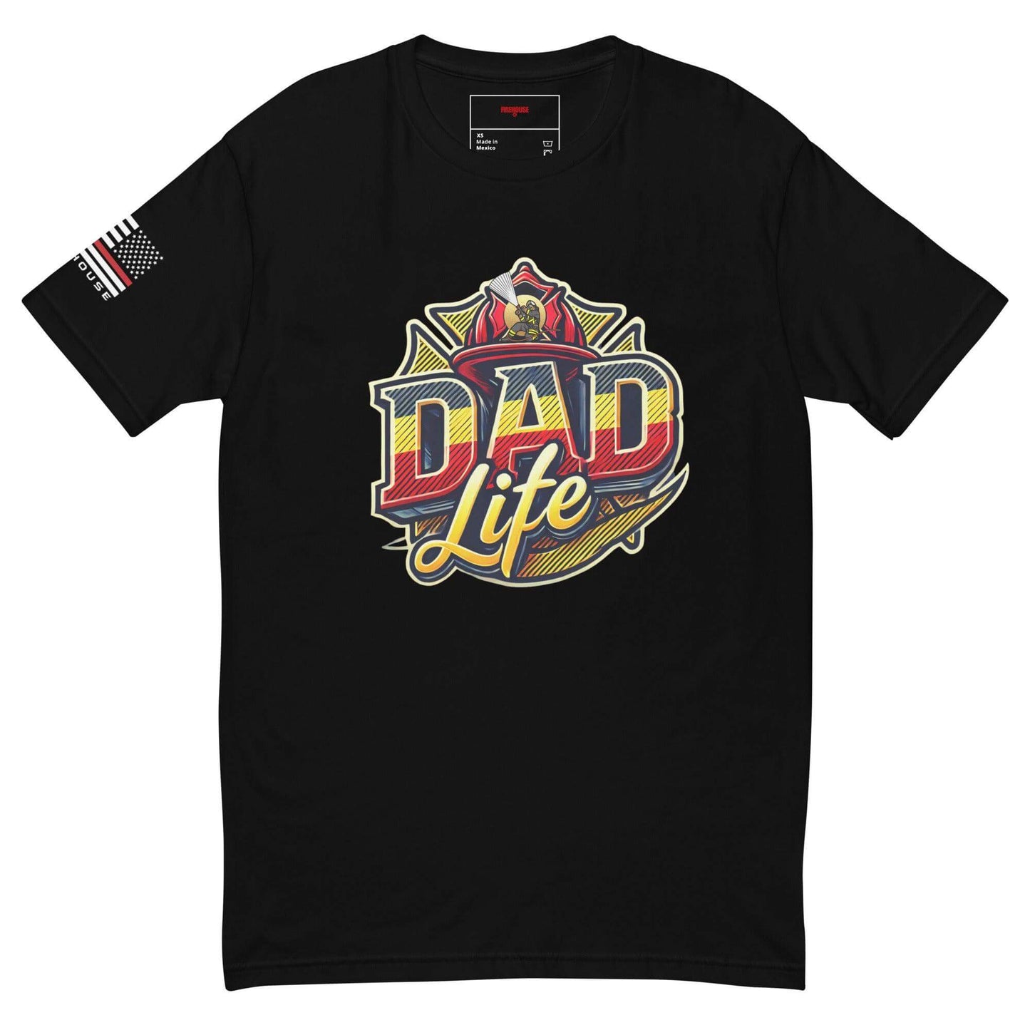 Black short sleeve t-shirt with "Dad Life" graphic, designed for firefighters, showcasing patriotism with American flag detail.