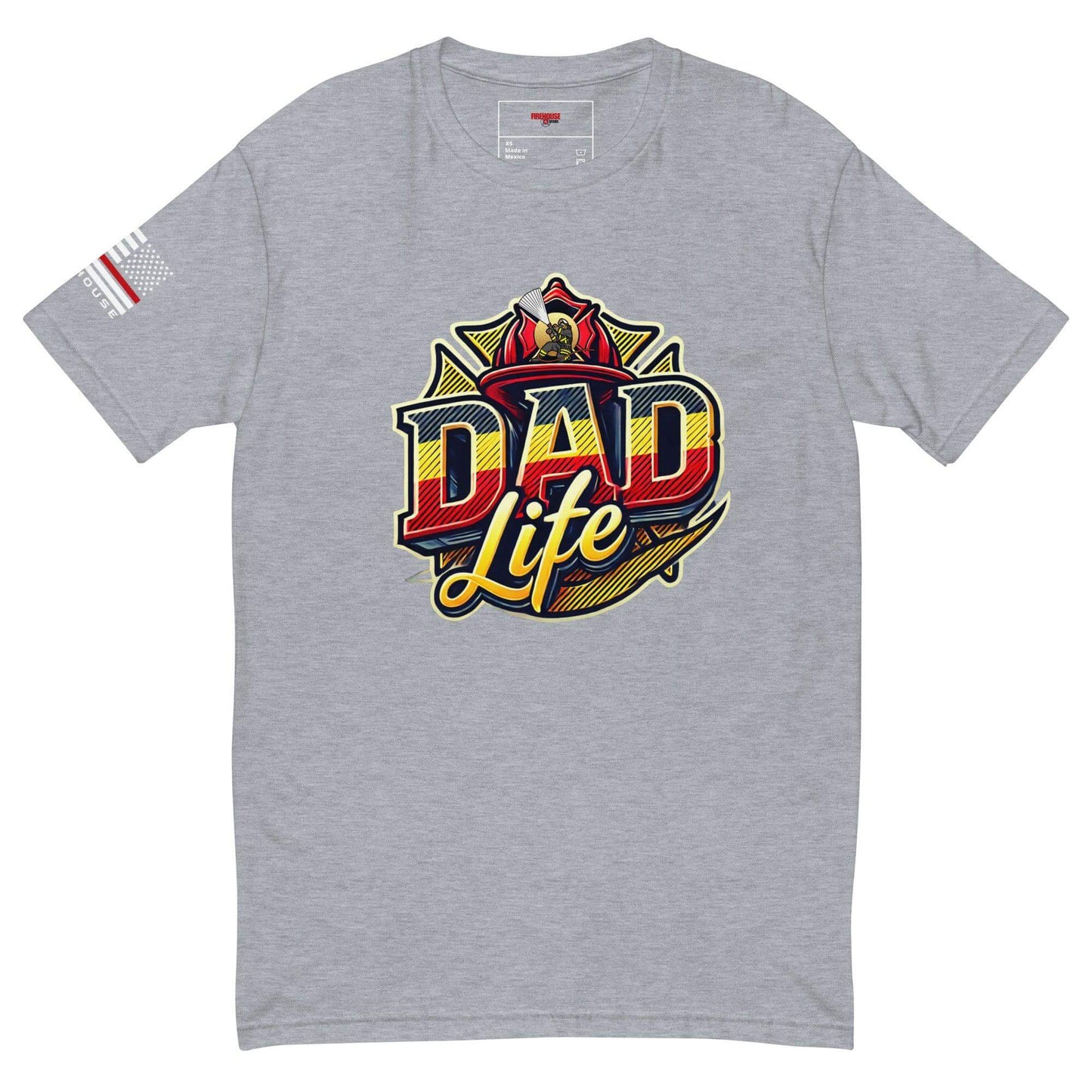 Short sleeve grey t-shirt with "Dad Life" graphic and firefighter design, perfect for firefighter gifts and apparel.