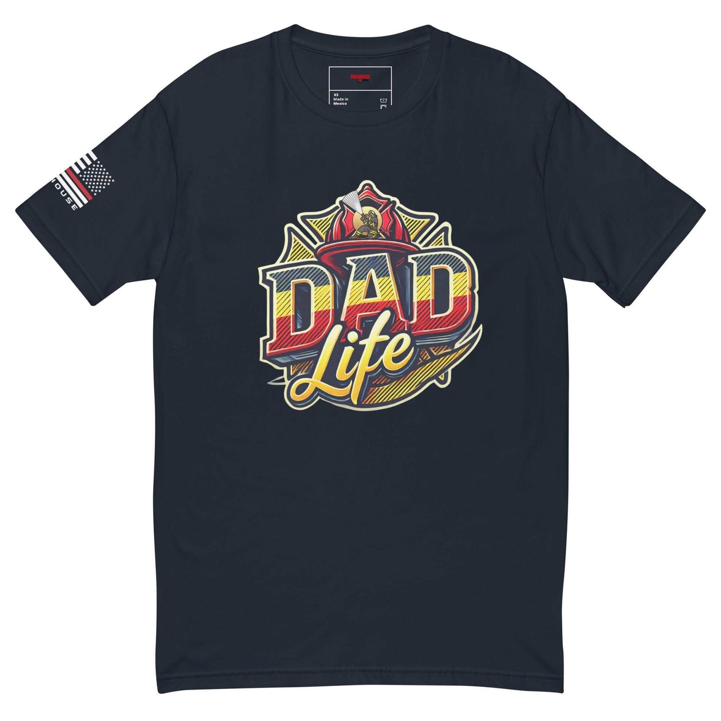 Short sleeve black t-shirt featuring "Dad Life" design with firefighter graphics and American flag on sleeve.