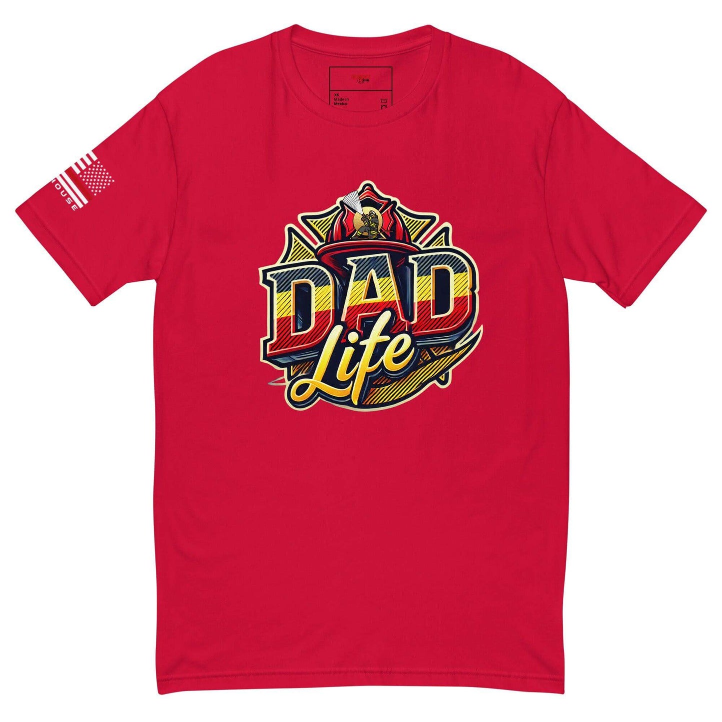 Red short sleeve t-shirt featuring "Dad Life" design, ideal for firefighter gifts and apparel.