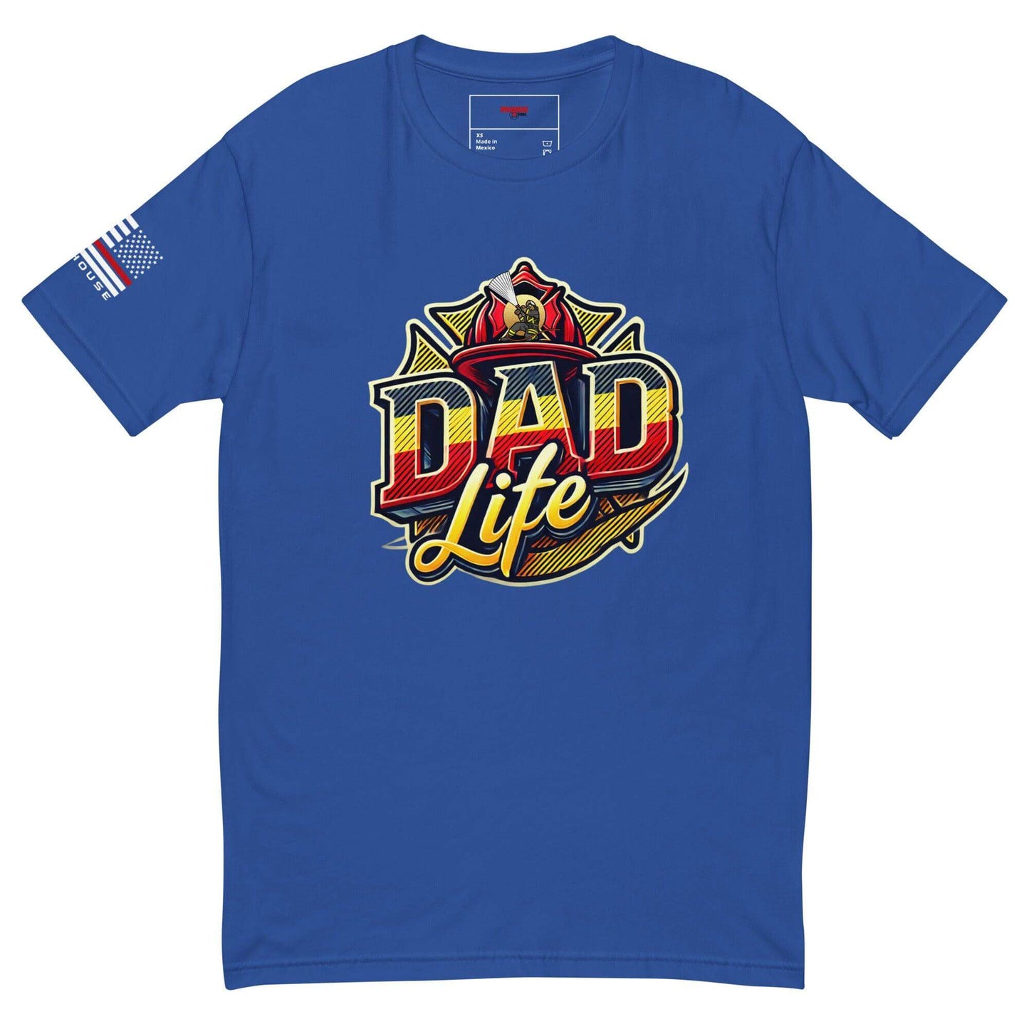 Blue short sleeve t-shirt featuring "Dad Life" graphic and firefighter emblem, perfect for firefighter gifts and apparel.