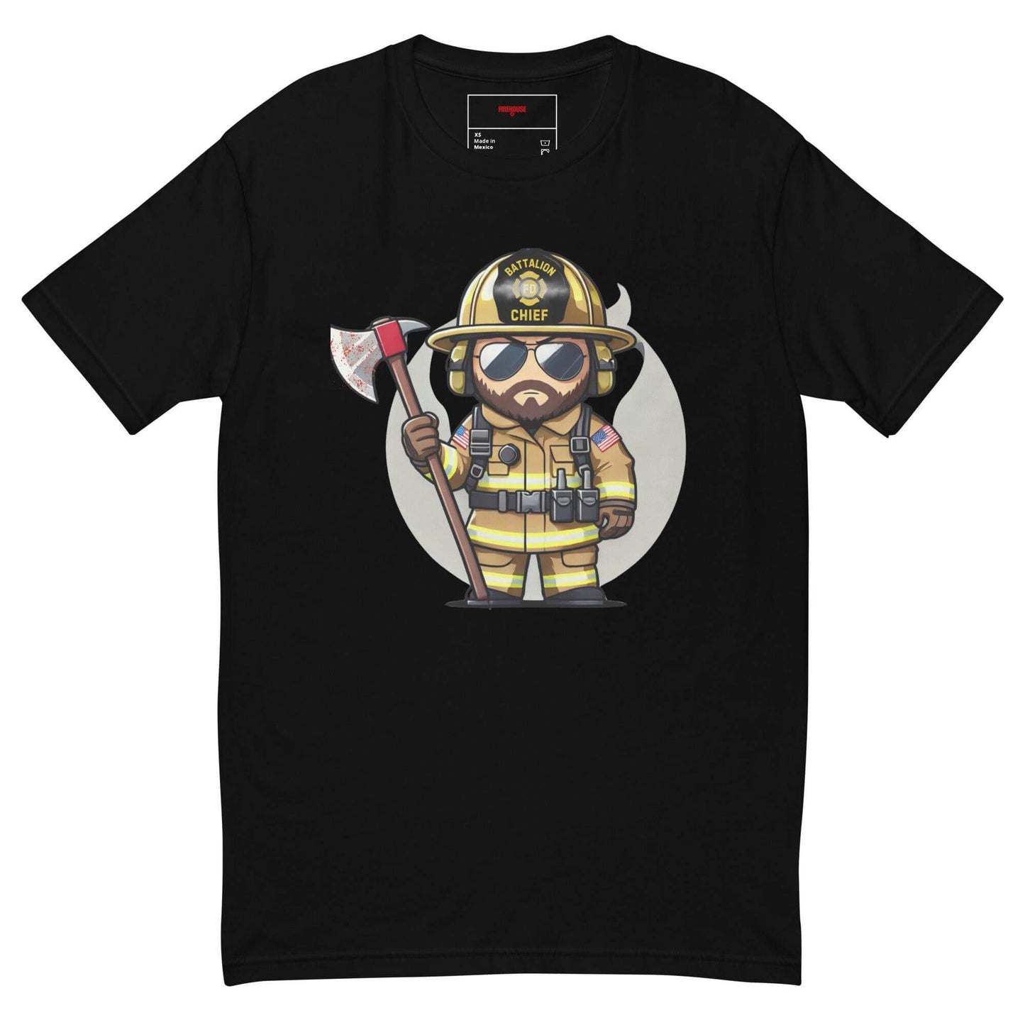 Cartoon firefighter chief graphic T-shirt, perfect for firefighter gifts and apparel. Ideal for firehouse enthusiasts.