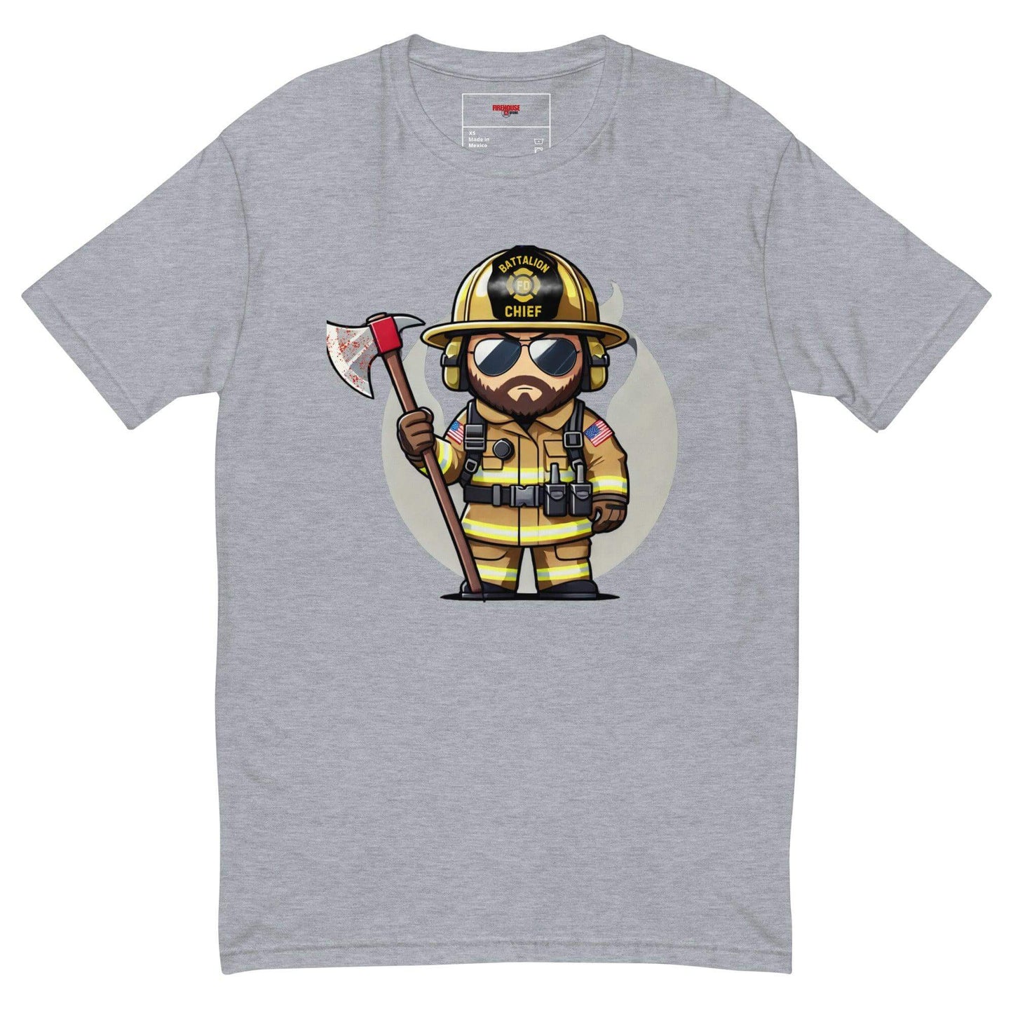 Cute firefighter graphic t-shirt for kids, featuring a cartoon chief with an axe on a heather grey background. Ideal firefighter gift.