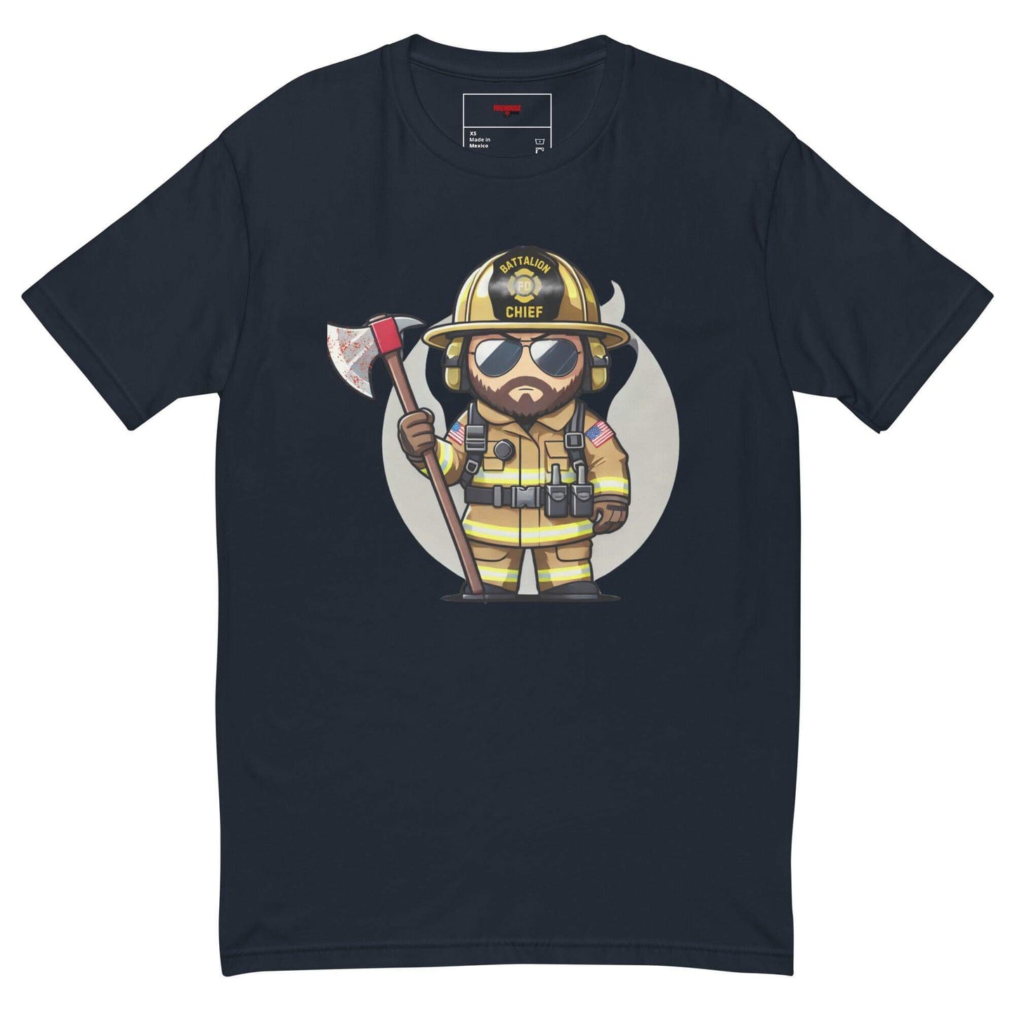 Cartoon firefighter chief t-shirt featuring an axe, ideal for firefighter gifts and apparel enthusiasts.