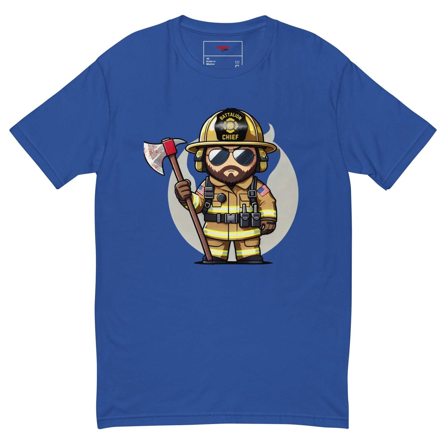 Blue short sleeve t-shirt featuring a cartoon firefighter chief with an axe, perfect for firefighter gifts and apparel.